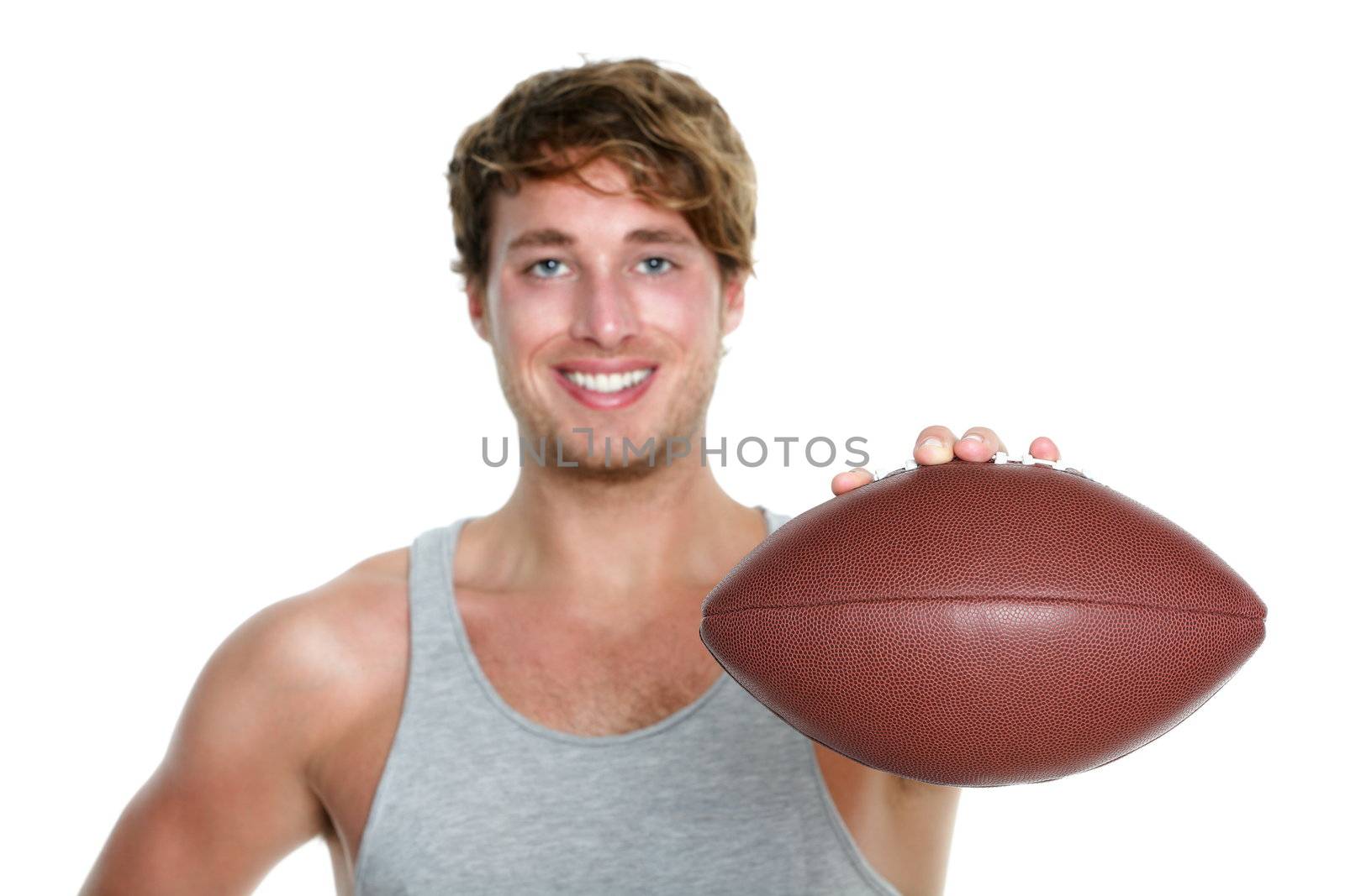 American football - casual man showing american football isolated on white background. Young male sport fitness model isolated on white background. Focus on football.