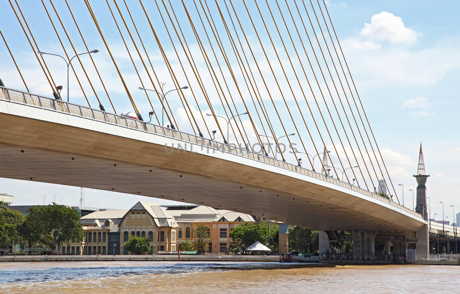 part of mega sling bridge, Rama 8, over Chao Phraya River in Bangkok harbor.