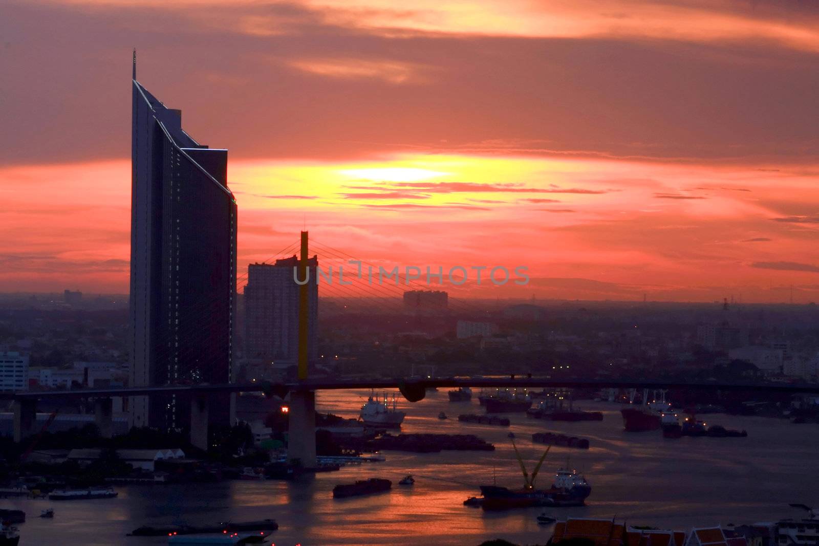 Silhouette of Bangkok Skyline and Mega Bridge, Thailand