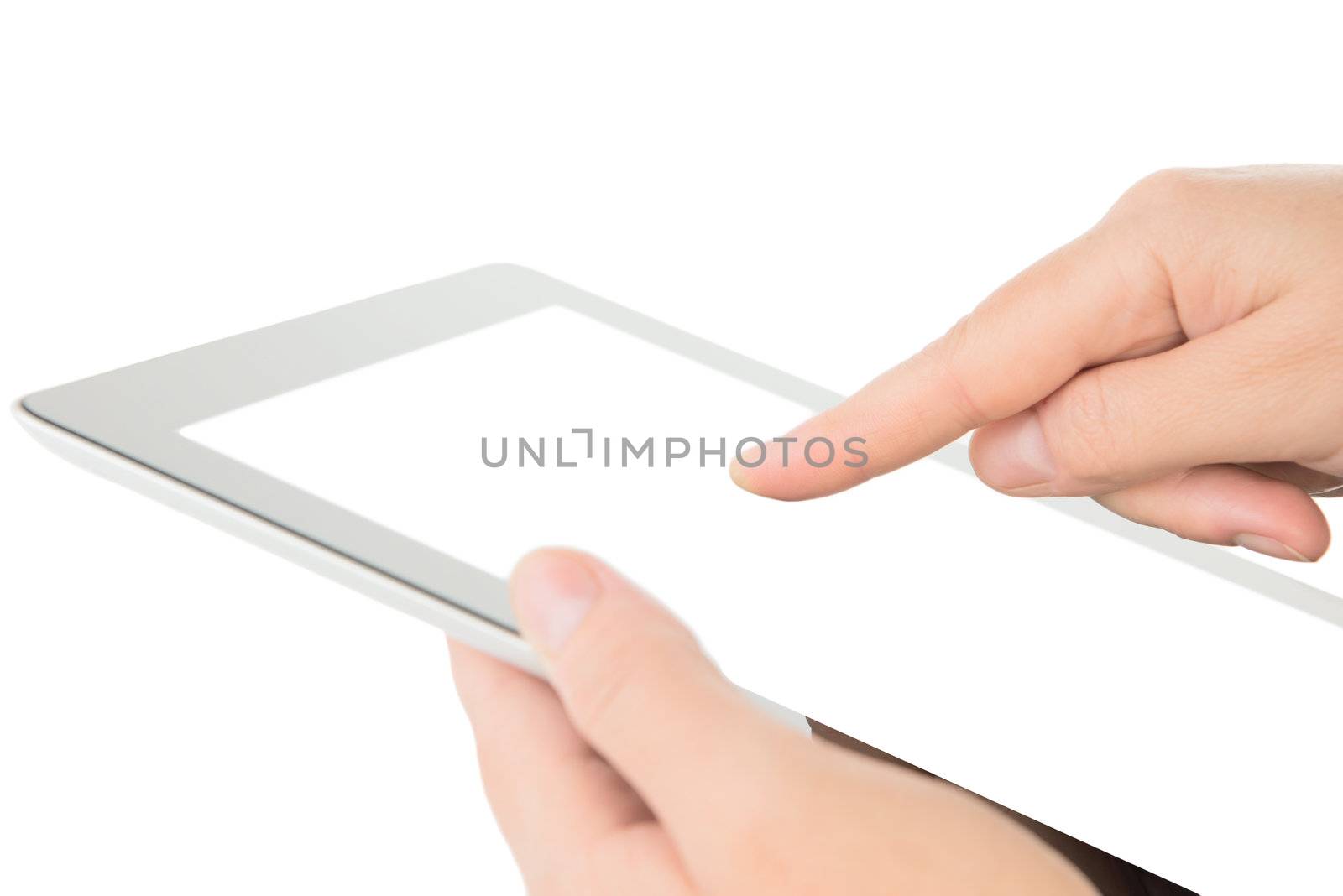 Hands holding modern digital tablet pc with blank screen
