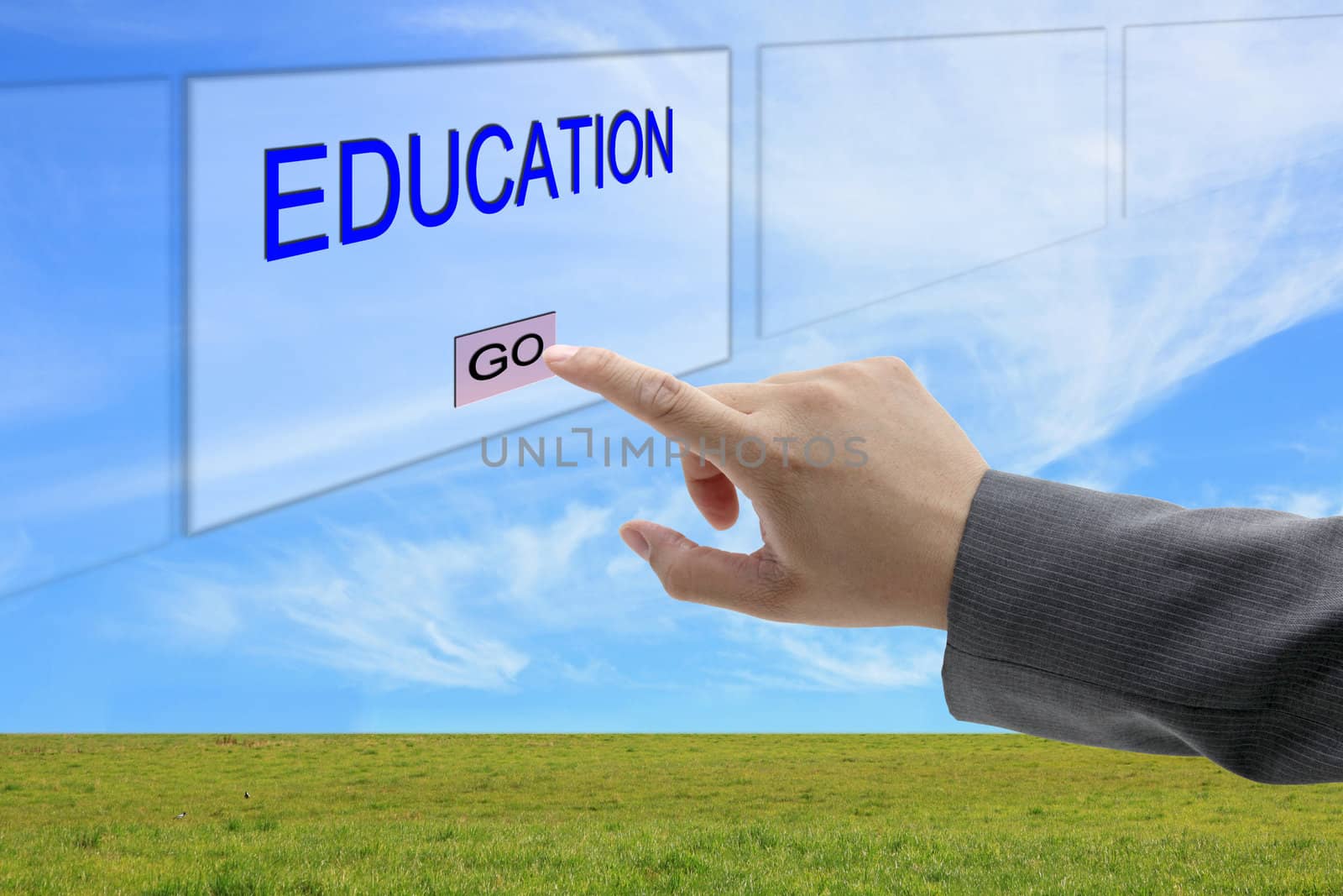 asian business man hand push on Education button on touch screen panel for learning concept