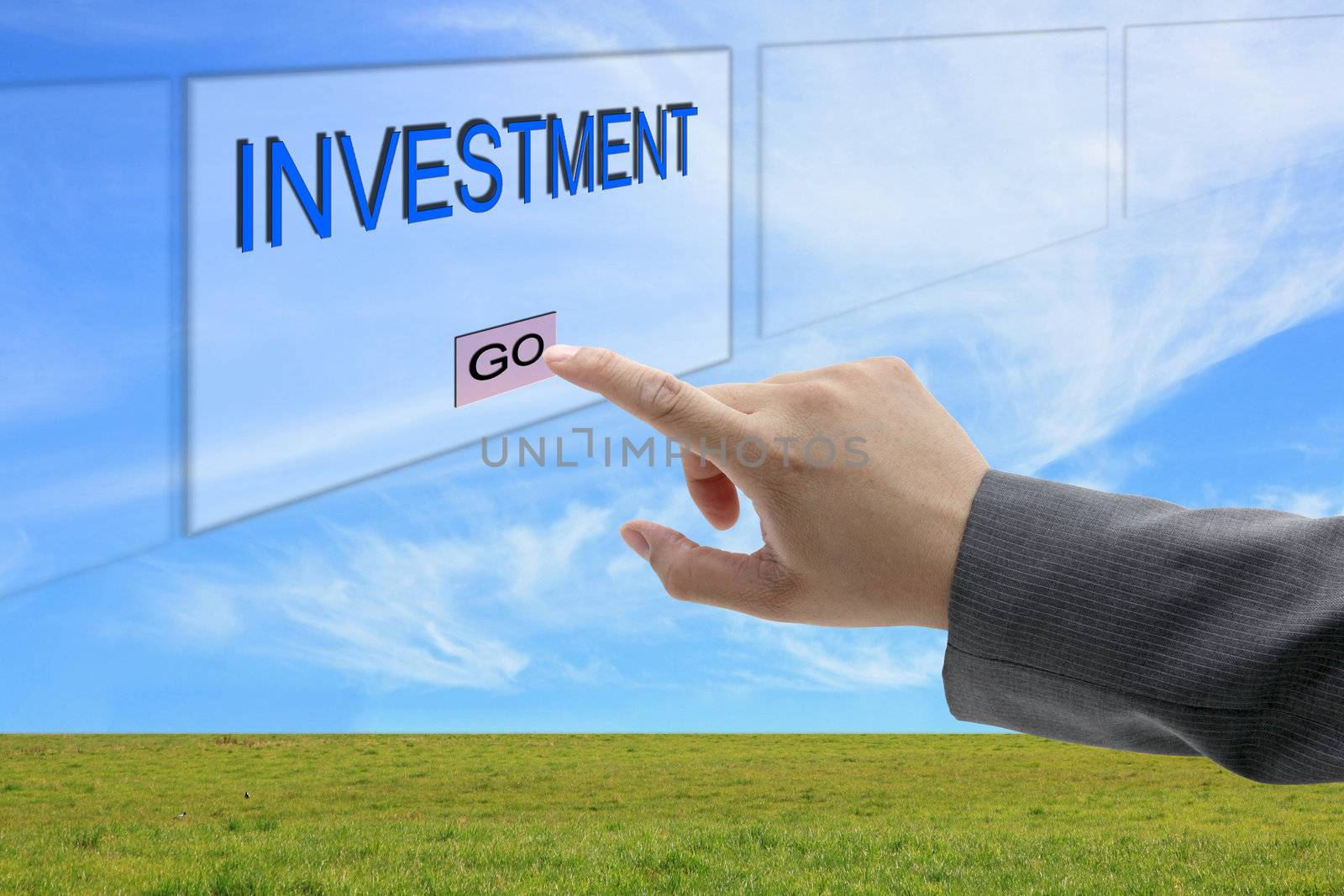 asian business man hand push on Investment button on touch screen panel