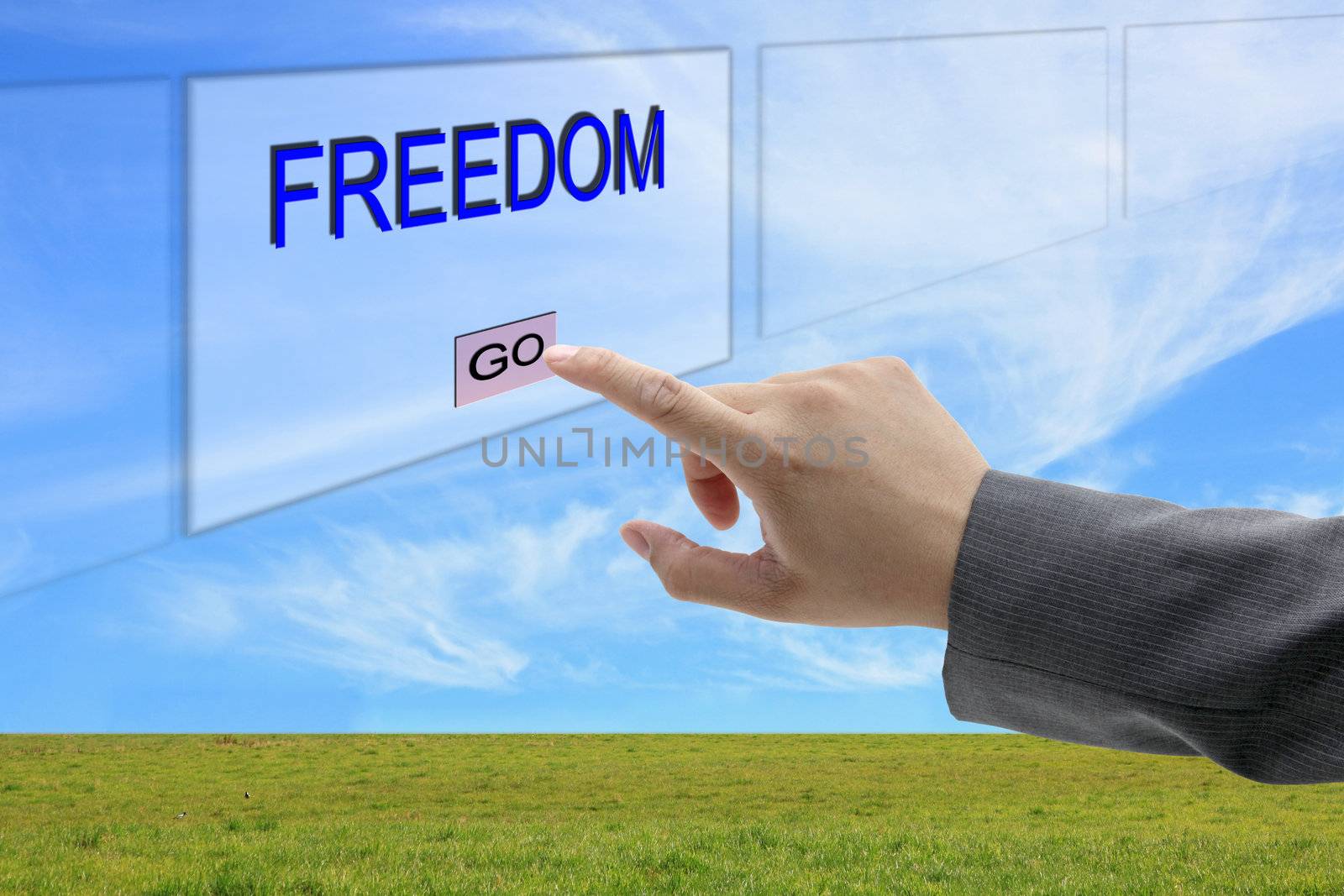 asian business man hand push on Freedom button on touch screen panel