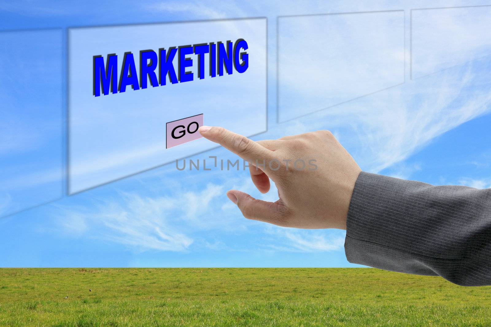 asian business man hand push on marketing button on touch screen panel for business concept