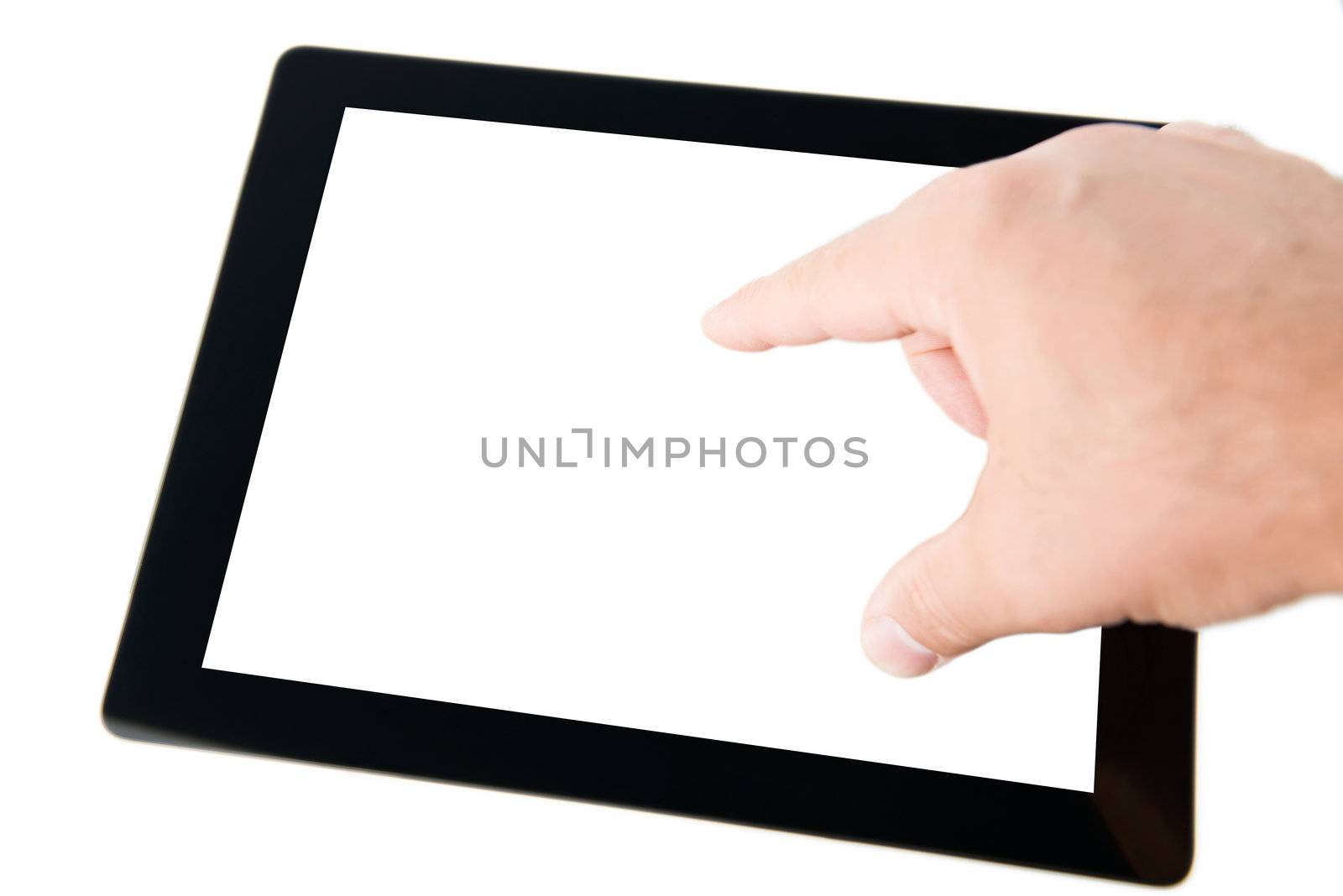 Hands holding modern digital tablet pc with blank screen