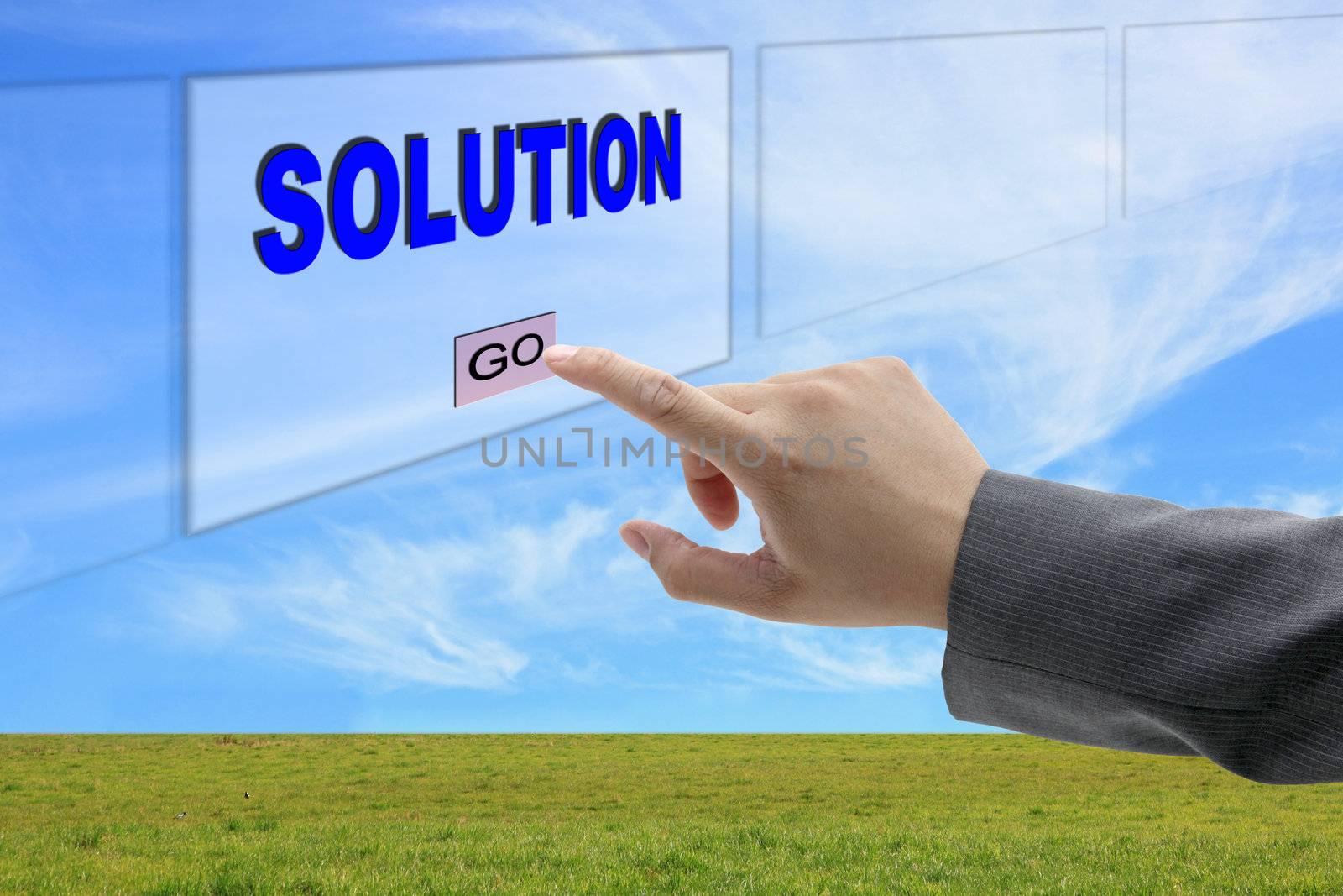 asian business man hand push on Solution button on touch screen panel for business concept