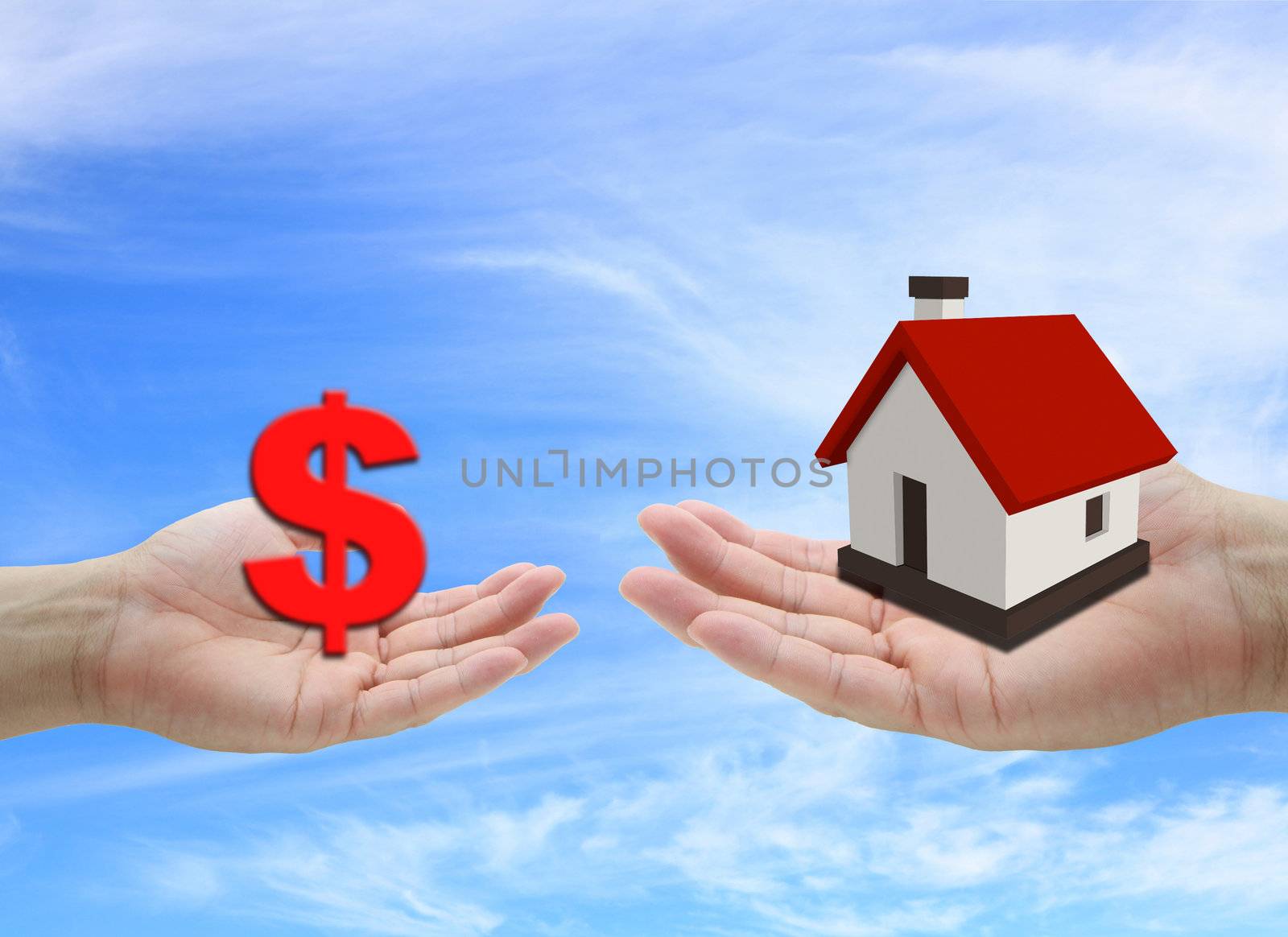 concept of money for buying house property with blue sky background

