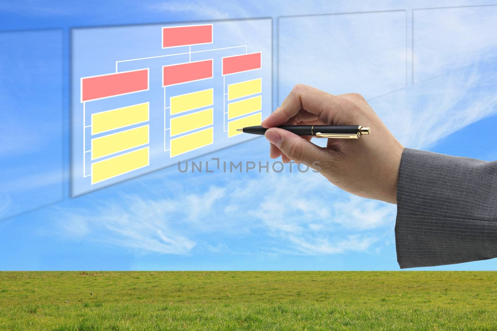 asian business man hand draw online organiztion chart on touch screen for business building concept