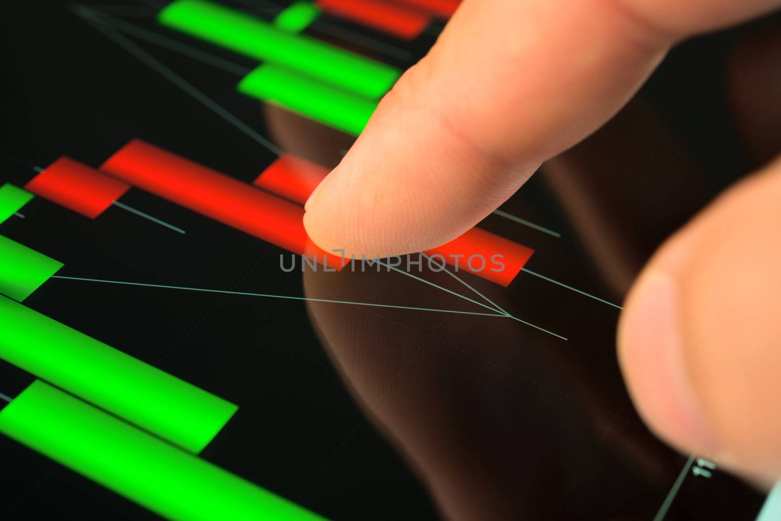 Businessman hand touching screen of tablet pc with market graph