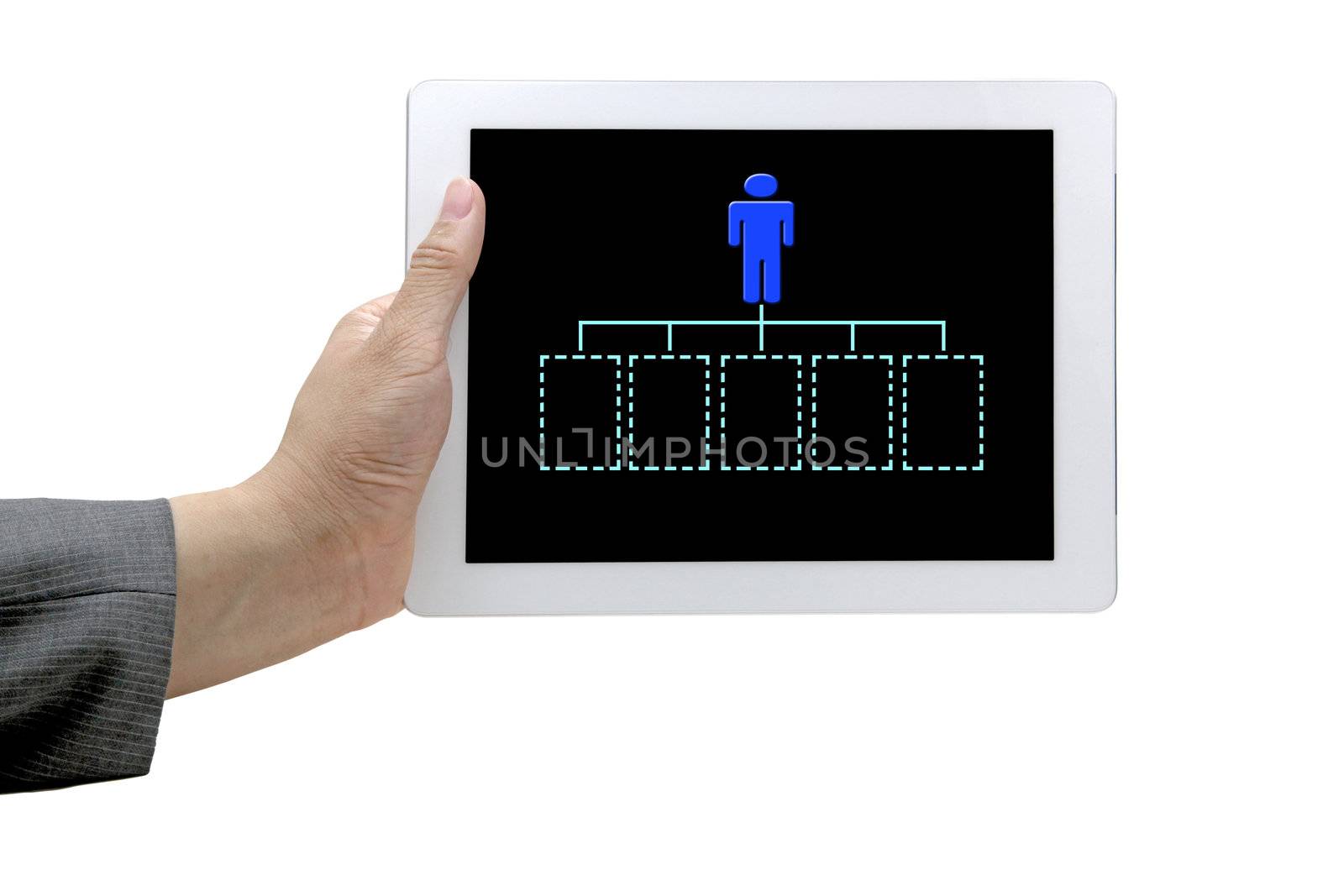 man hand hold technology tablet with blank organization chart for business recruitment concept