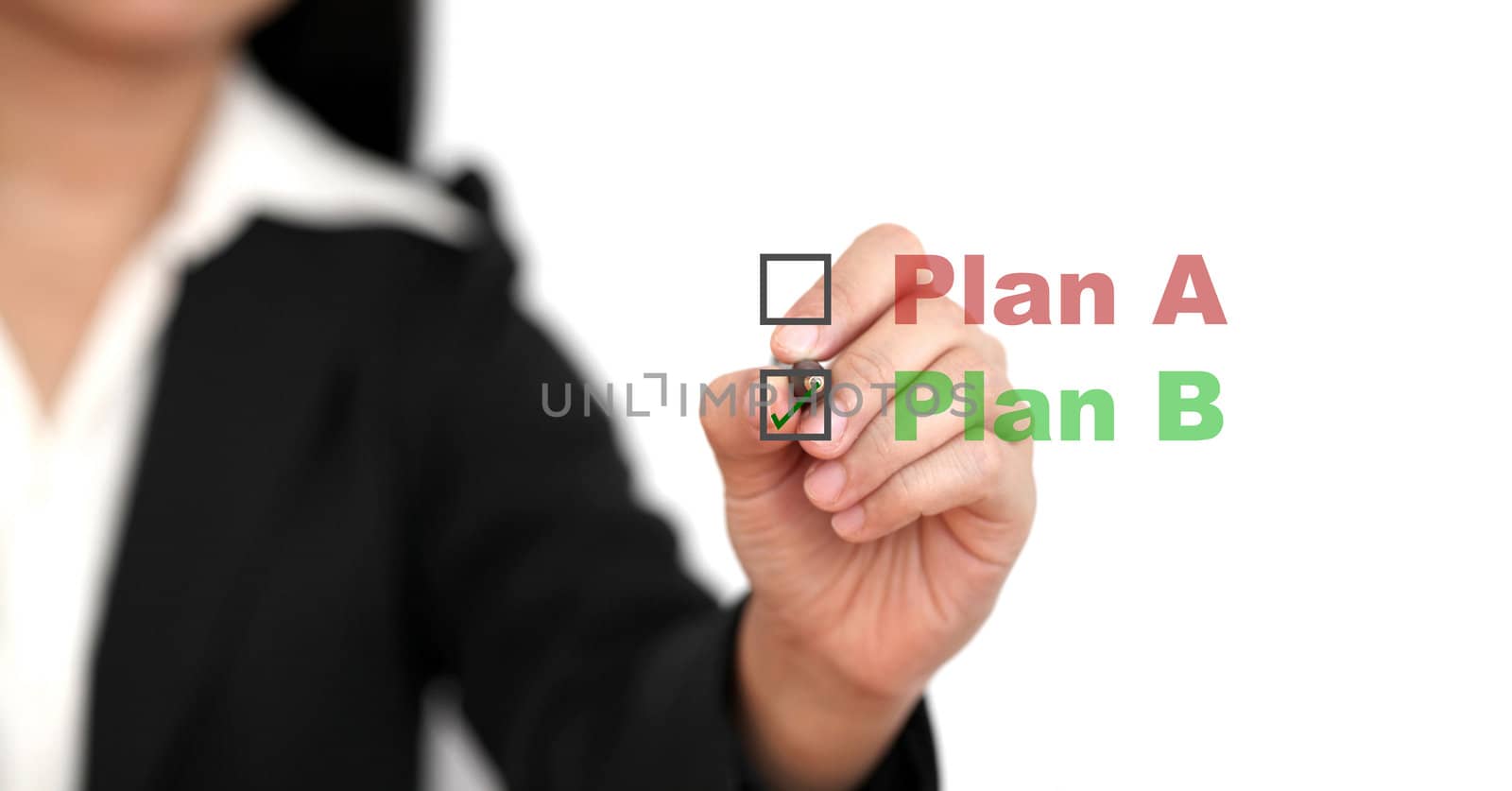 Asian business woman select plan B for business risk concept