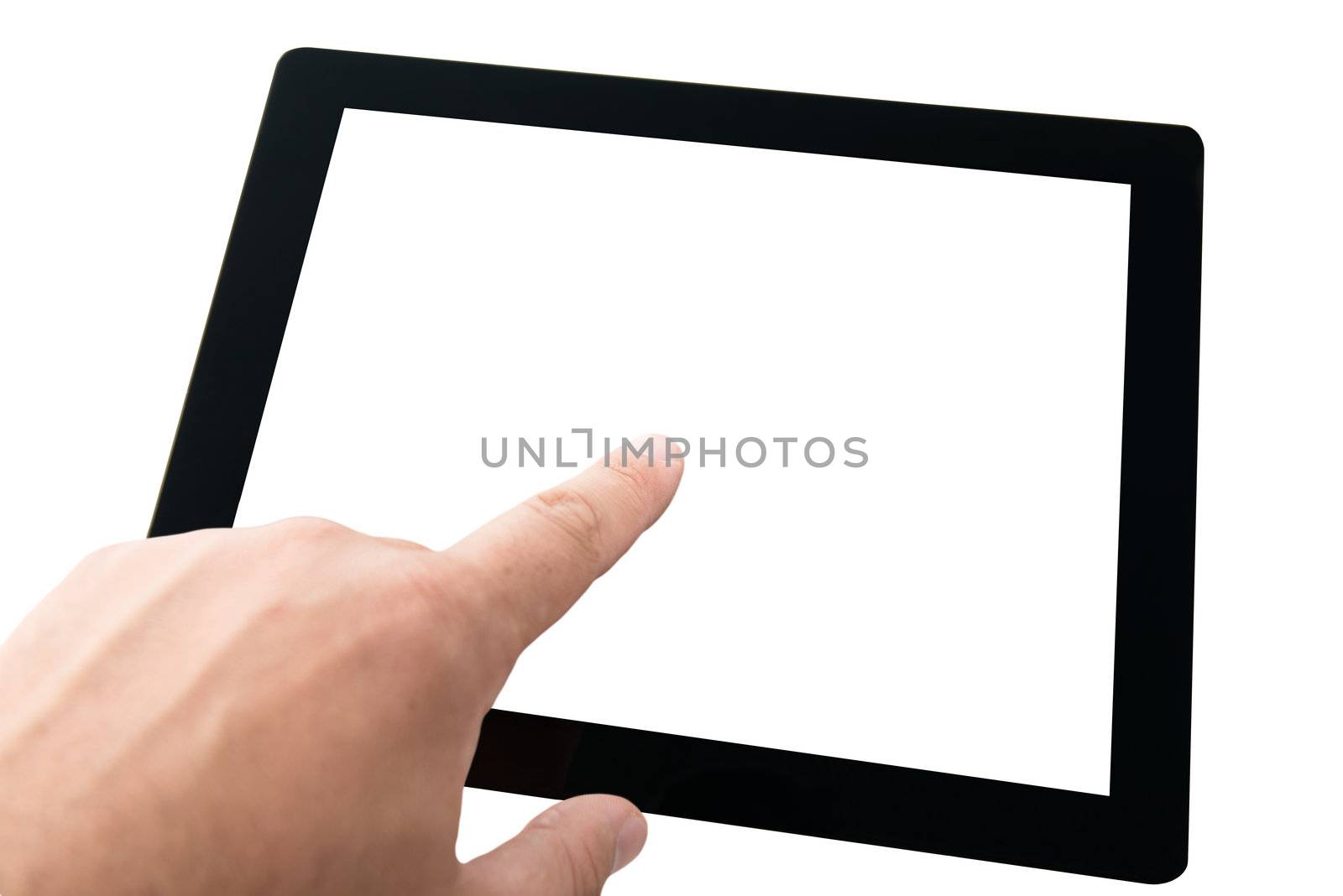 Hand touching modern digital tablet pc with blank screen