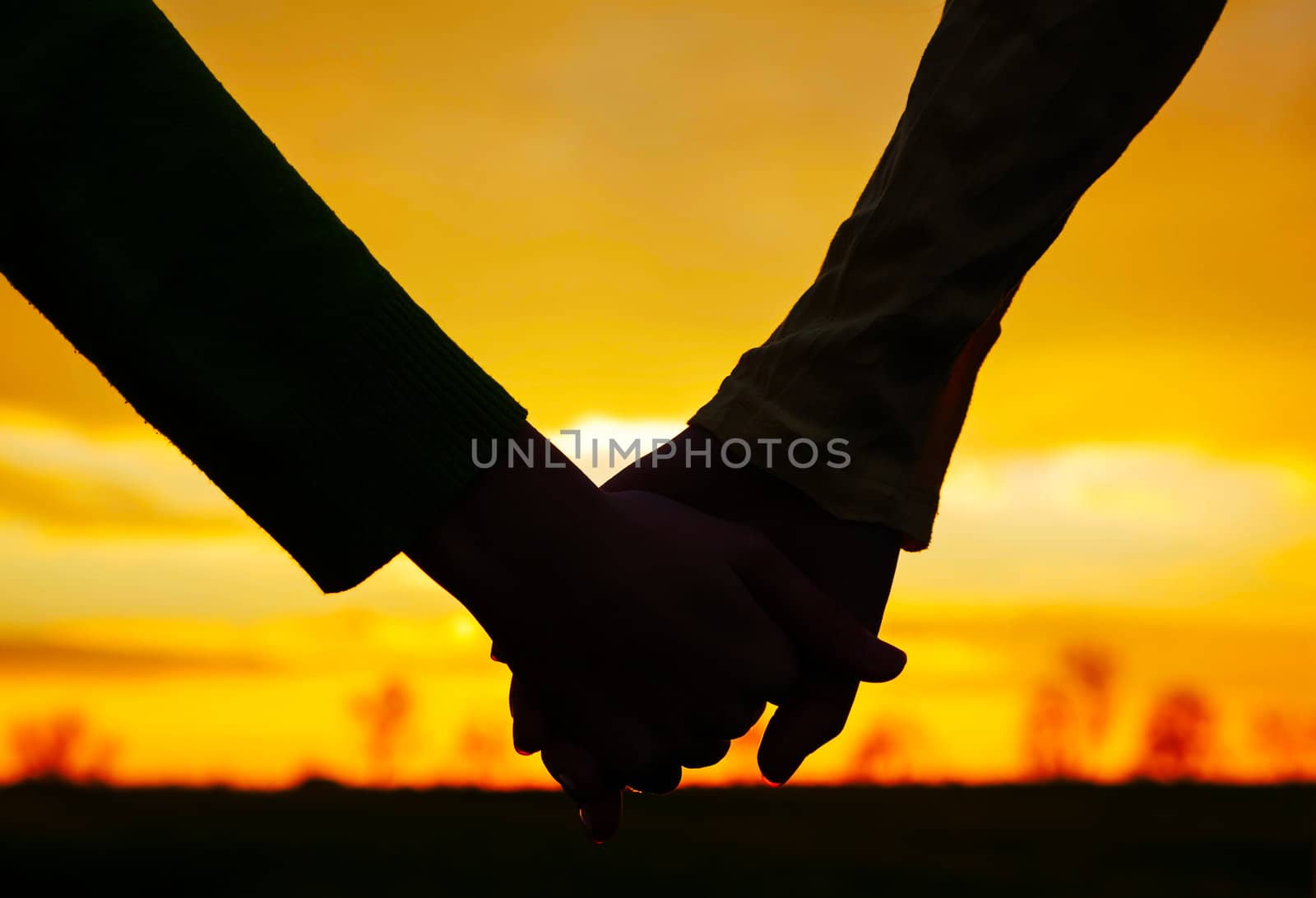 Teen girls holding hands at sunset time