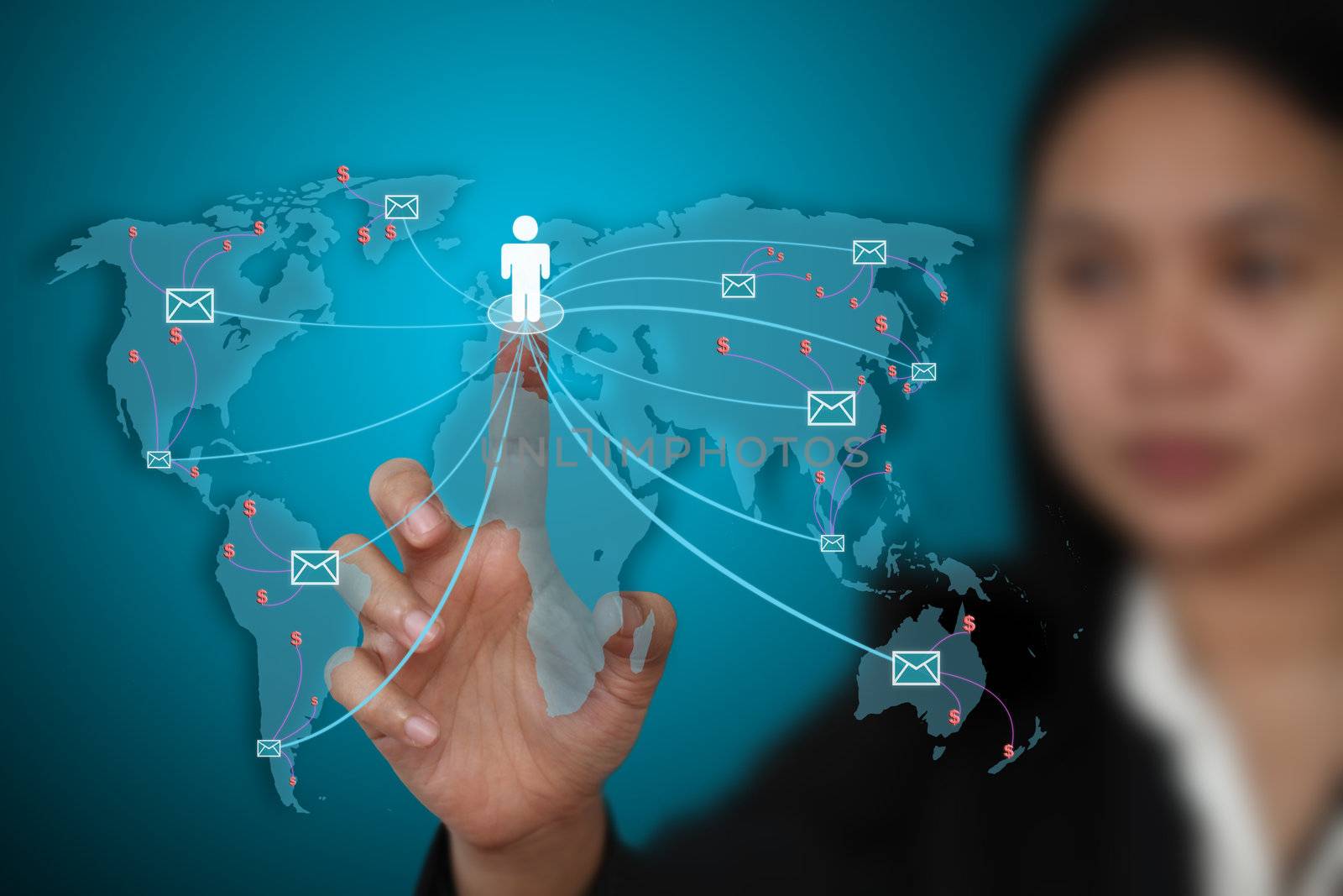 business woman send e-mail to the world for communication concept