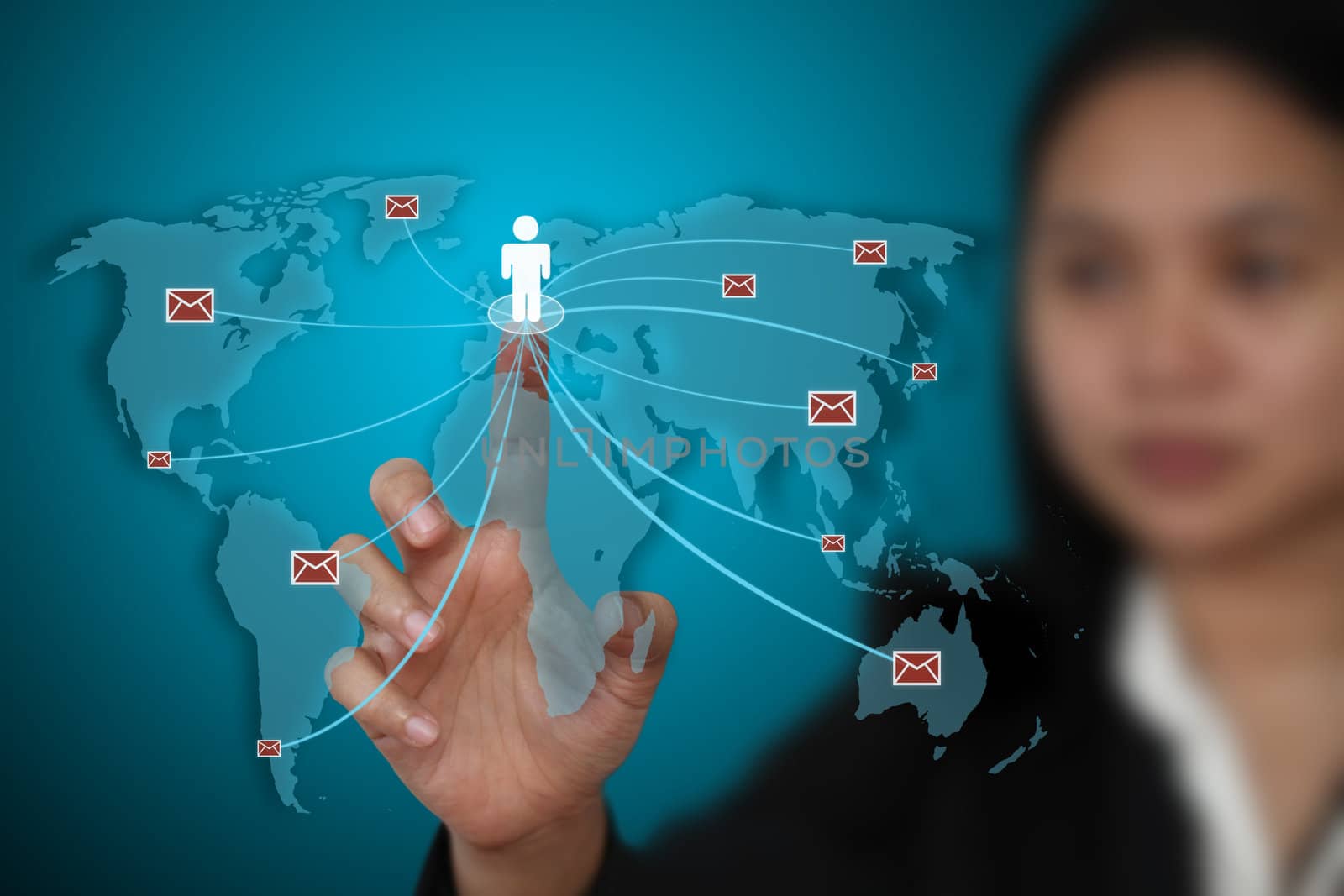 business woman send e-mail to the world for communication concept