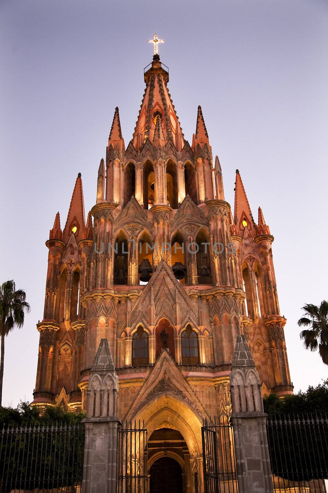 Evening Church Lights Parroquia Archangel Church San Miguel Mexico by bill_perry