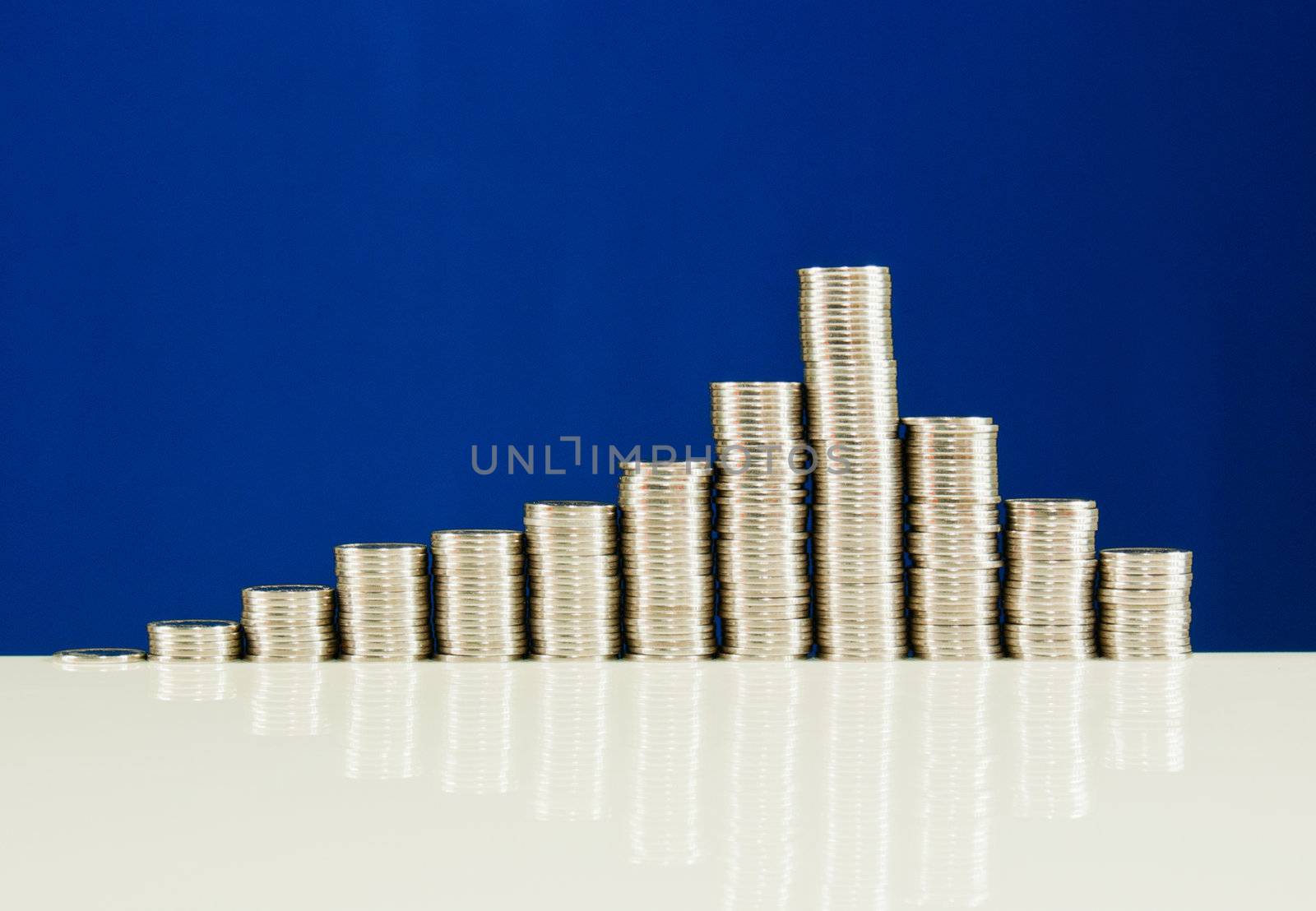 Coins stacked in bars against blue background - market grouth concept