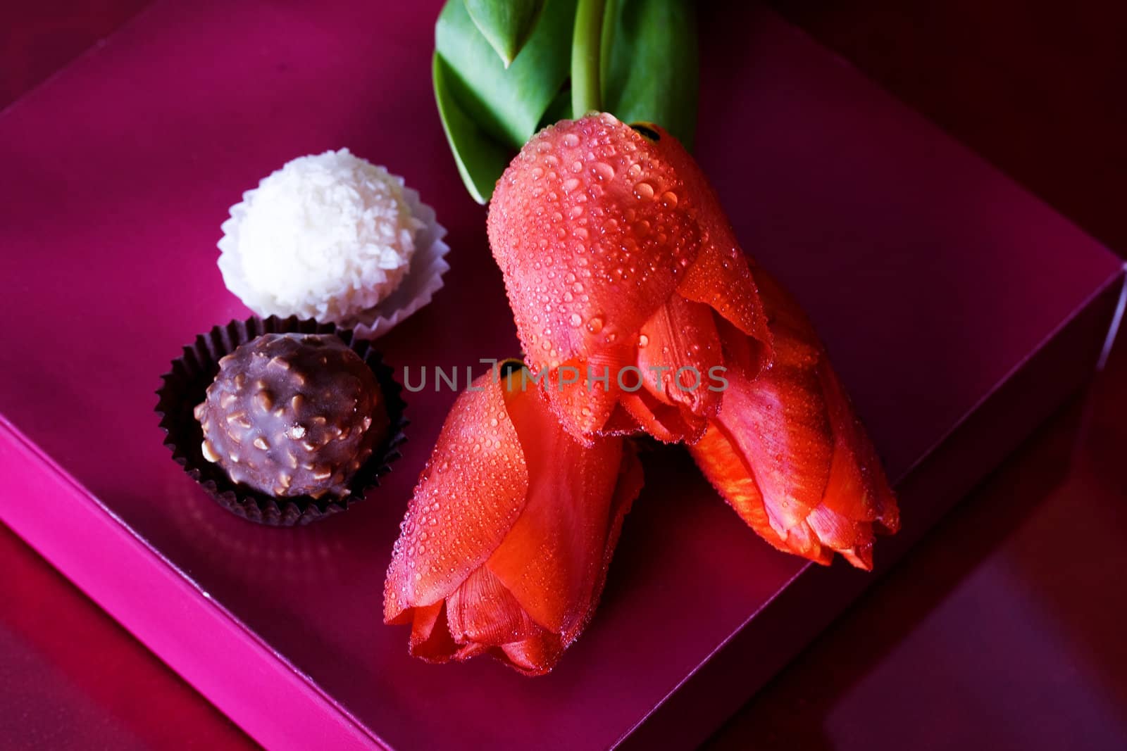 Tulips and candy and gift box