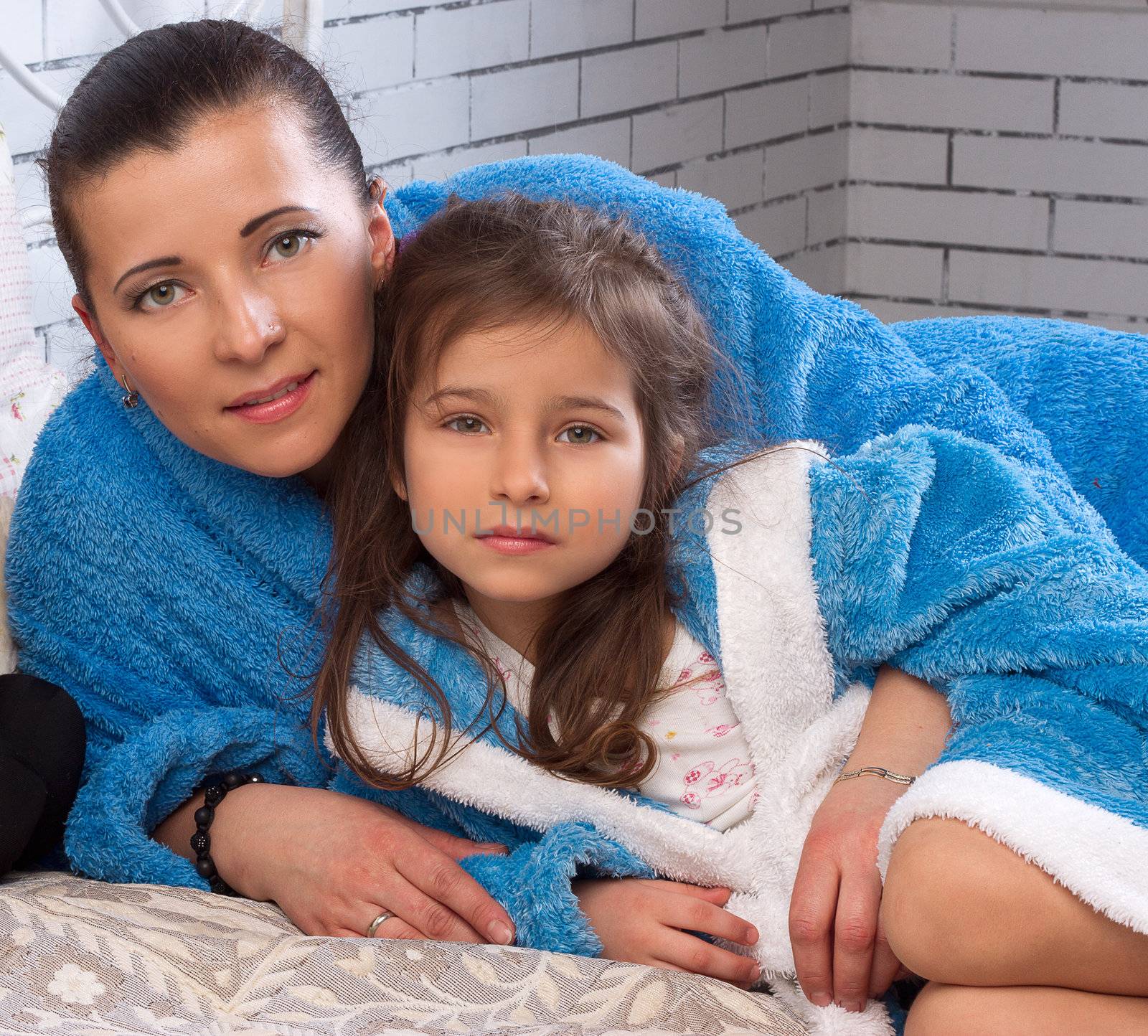 Mom and daughter in blue terry robes by victosha