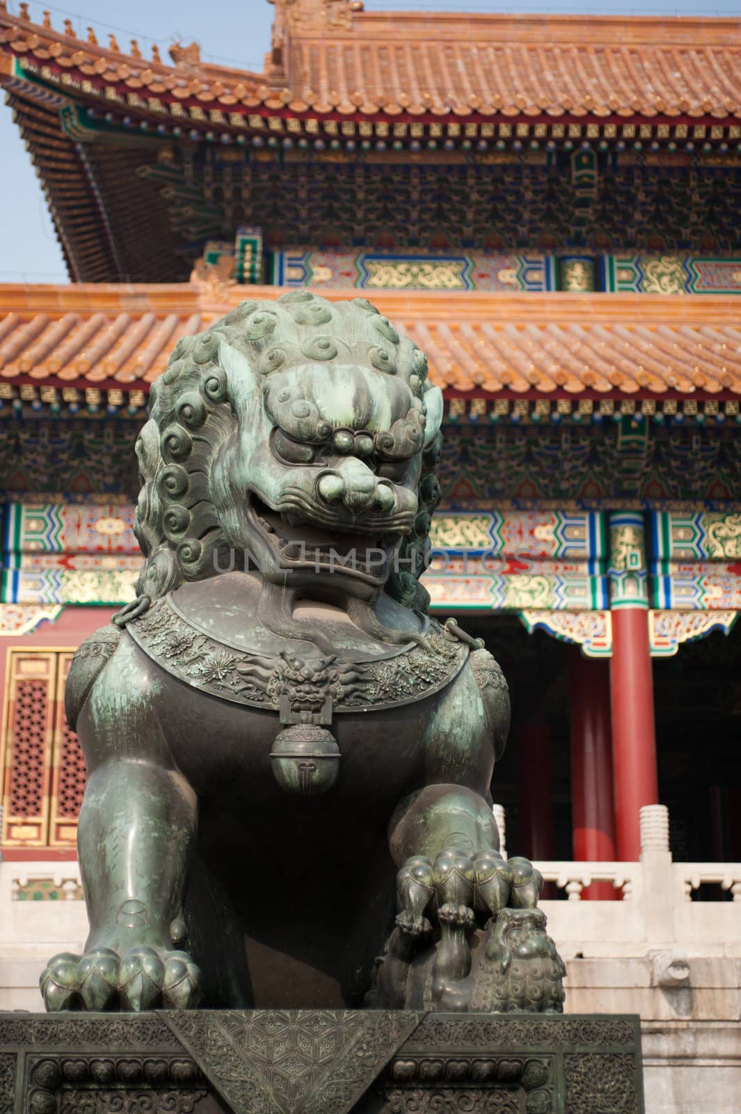 A guardian lion outside the Imperial Palace in Beijing, China.
