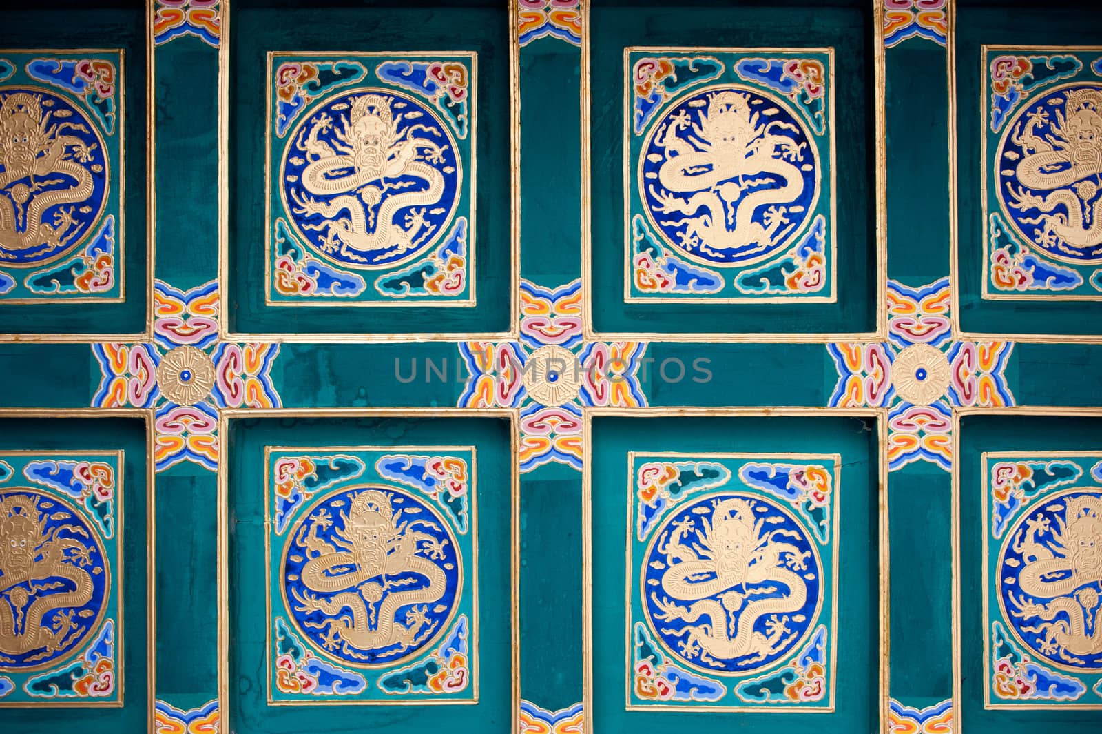Multicolored murals and decorations in the ceiling of an Oriental Palace.