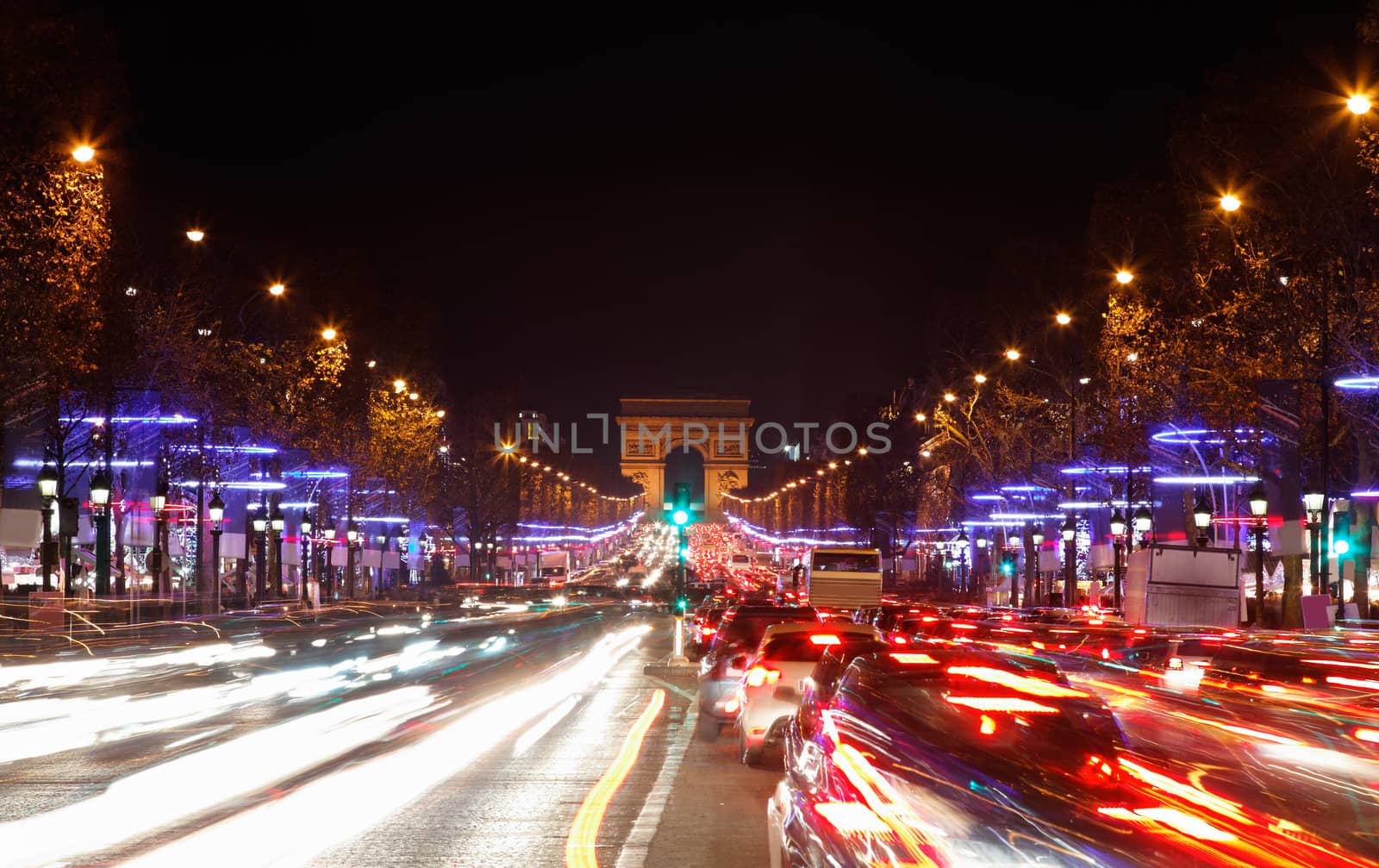 December illumination and traffic lights on the Avenue des Champs-�lys�es in Paris,Europe.