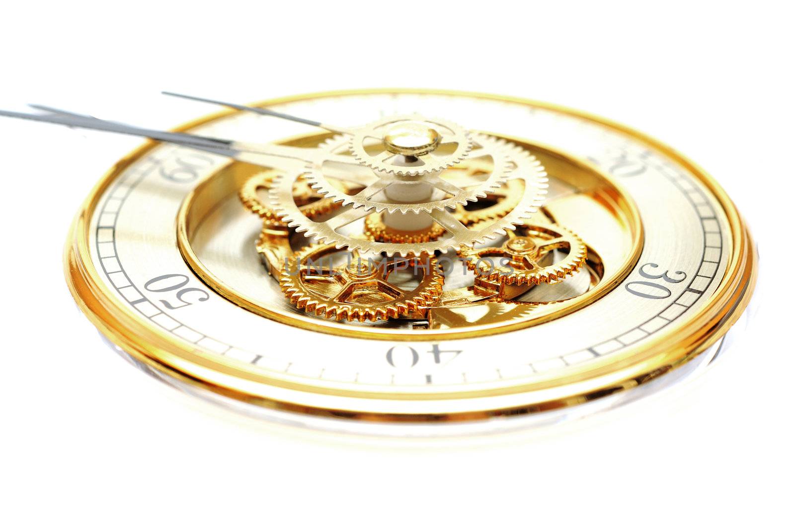 Golden Clock with gears on white