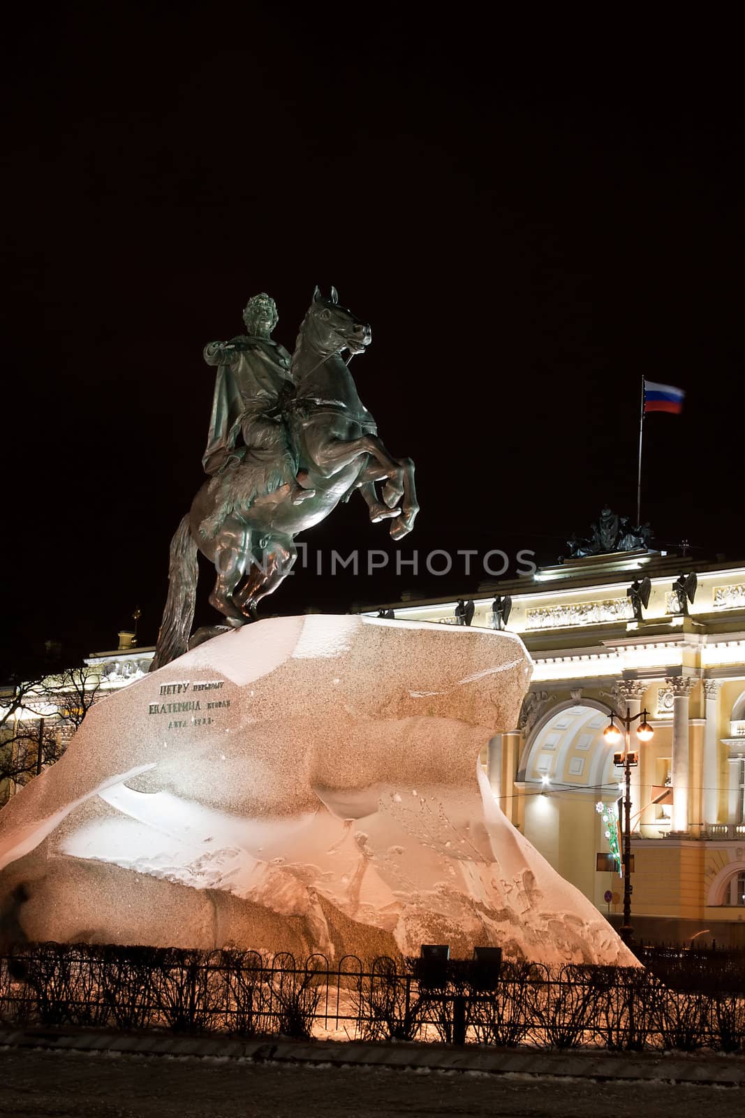 statue of Peter the Great on the Senate Square at night. Saint-Petersburg, Russia