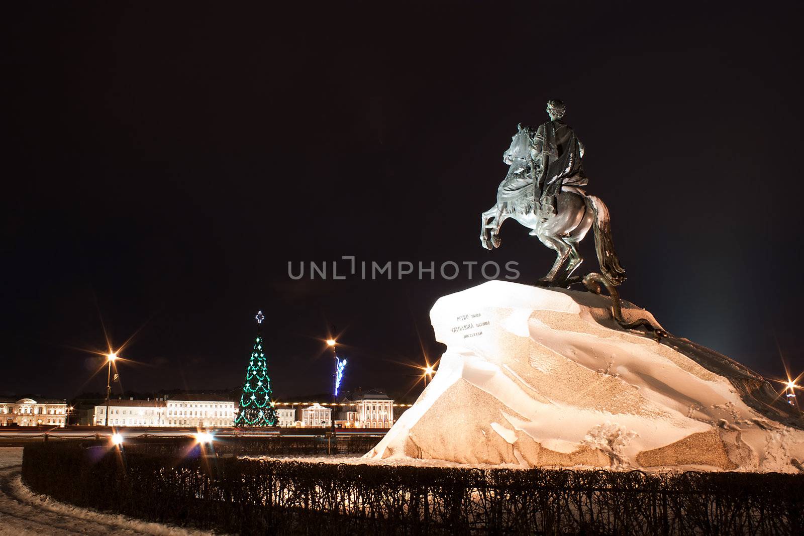 statue of Peter the Great on the Senate Square at night. Saint-Petersburg, Russia