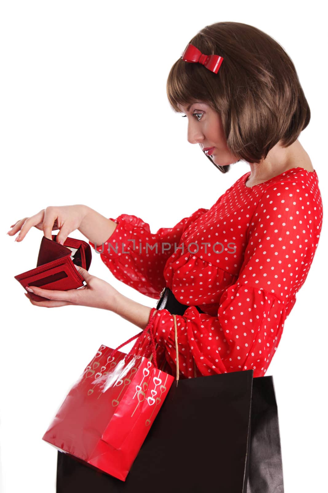 Woman with shopping bags and no money in purse by Angel_a