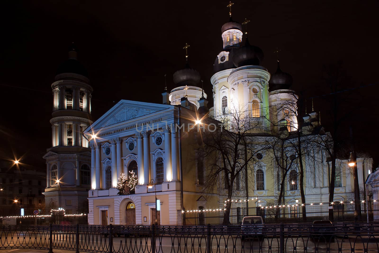 Night horizontal view of Vladimir Church, St. Petersburg, Russia