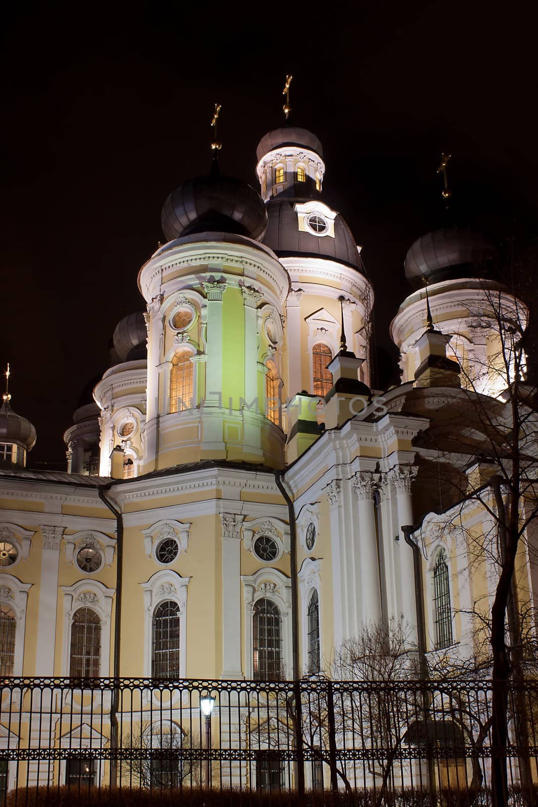 Night vertical view of Vladimir Church, St. Petersburg, Russia