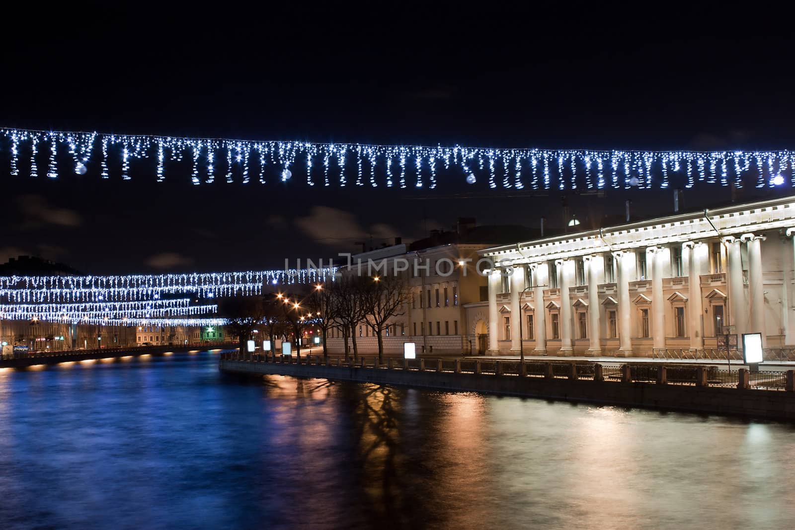 Night Christmas view of Fontanka river. St. Petersburg, Russia