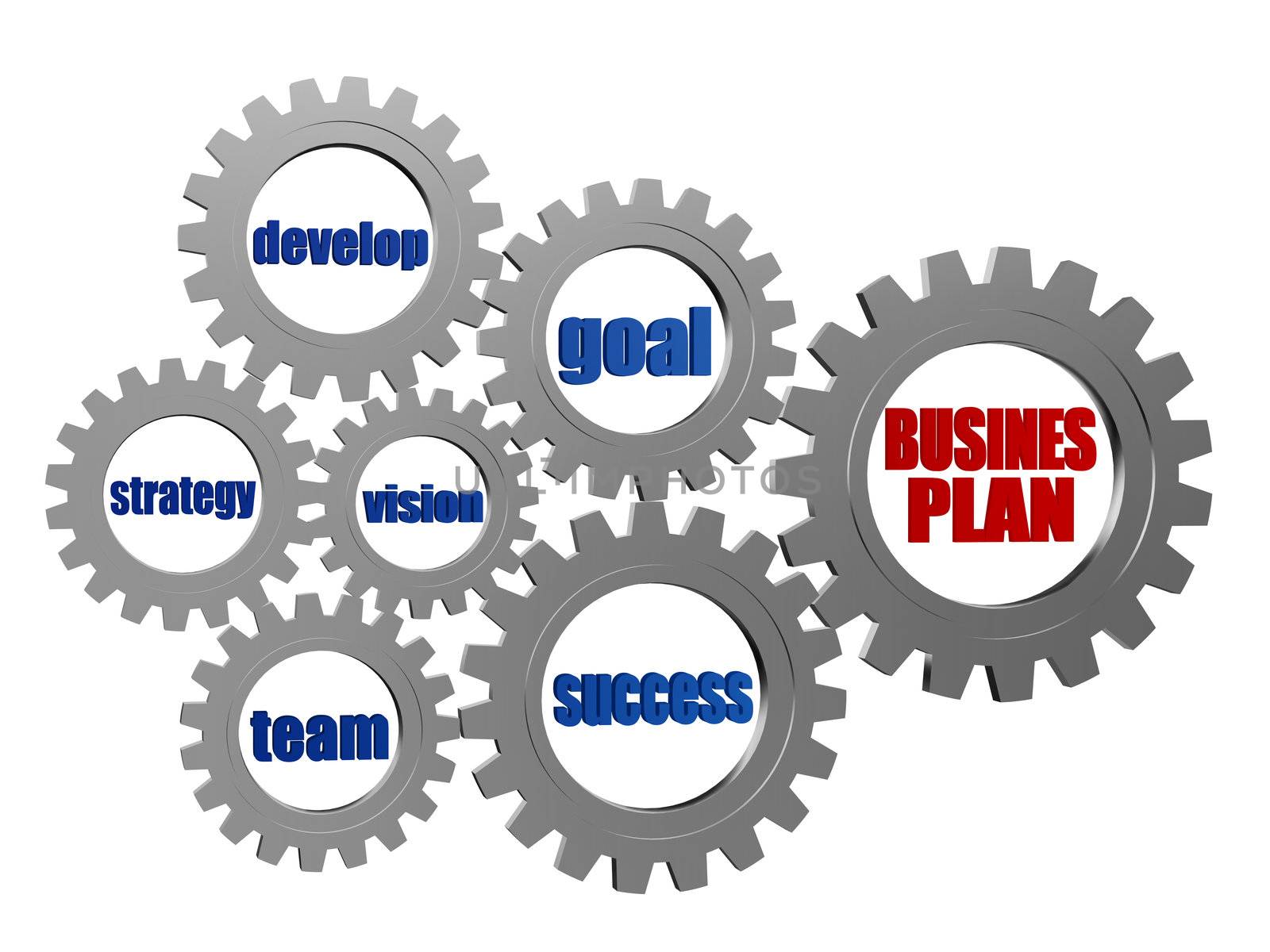 business plan and concept words in 3d silver grey gearwheels