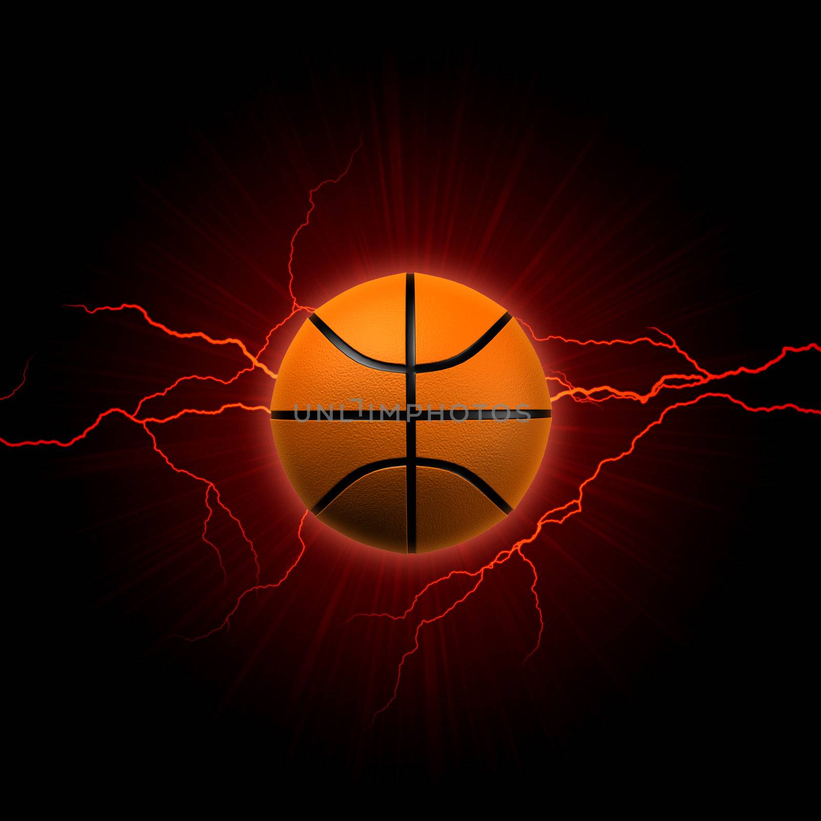 basketball - 3d shining basket ball with lightning and rays over dark red background