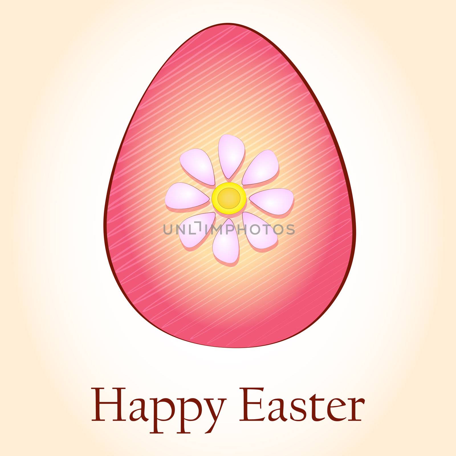 Happy Easter text and striped pink egg with spring daisy flower