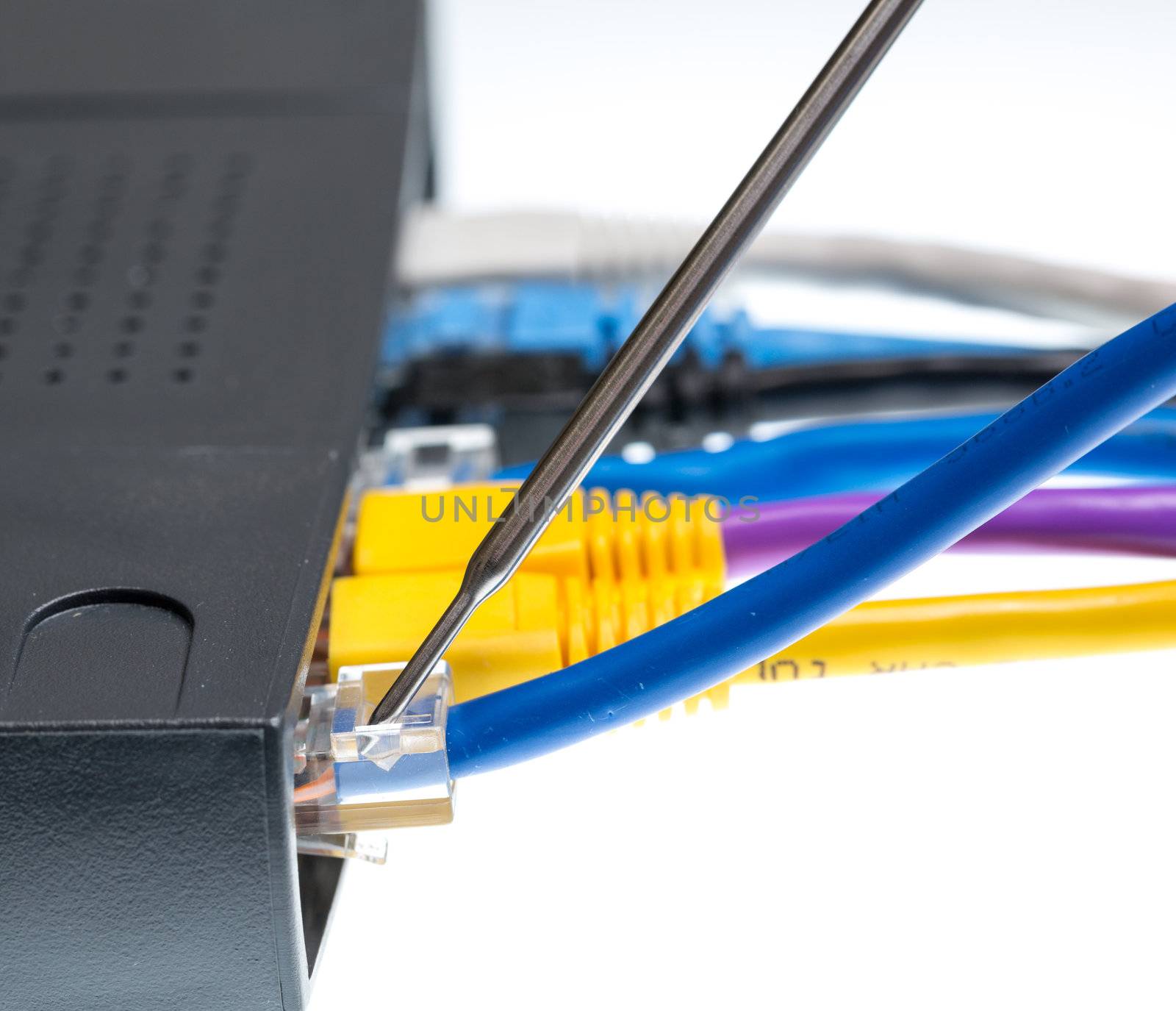 Close macro focus on internet lan cat5 cables as concept for cyberwarfare