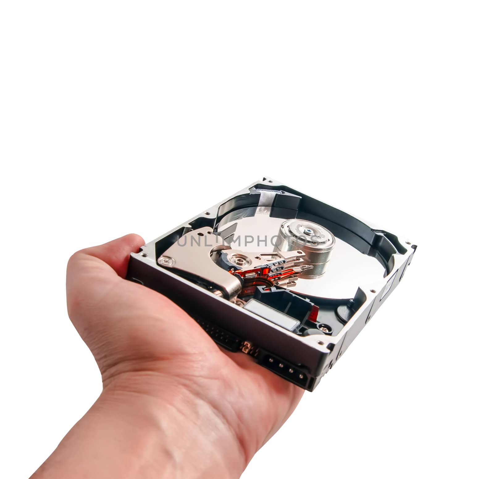 hard disk in hand isolated on a white background