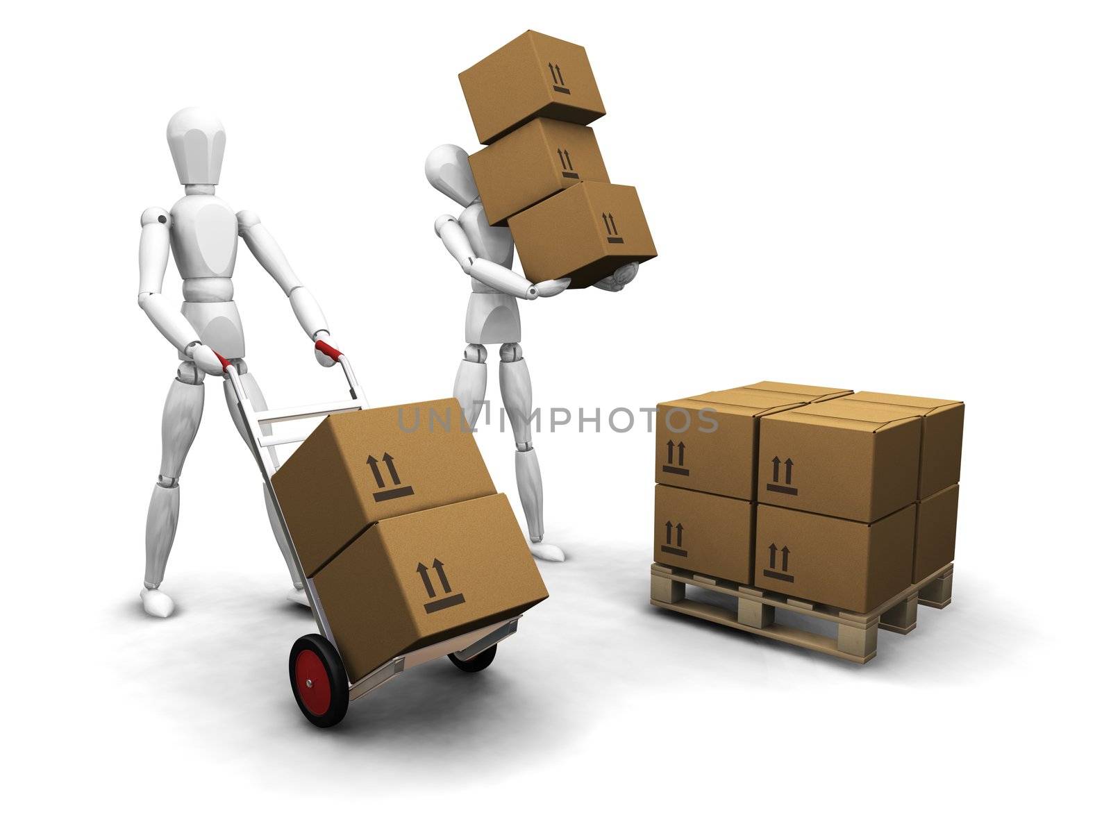 3D render of workers stacking boxes