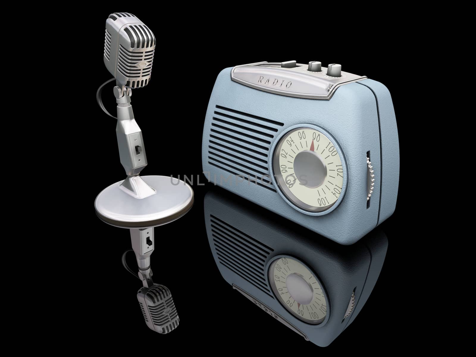 3D render of a retro microphone and radio