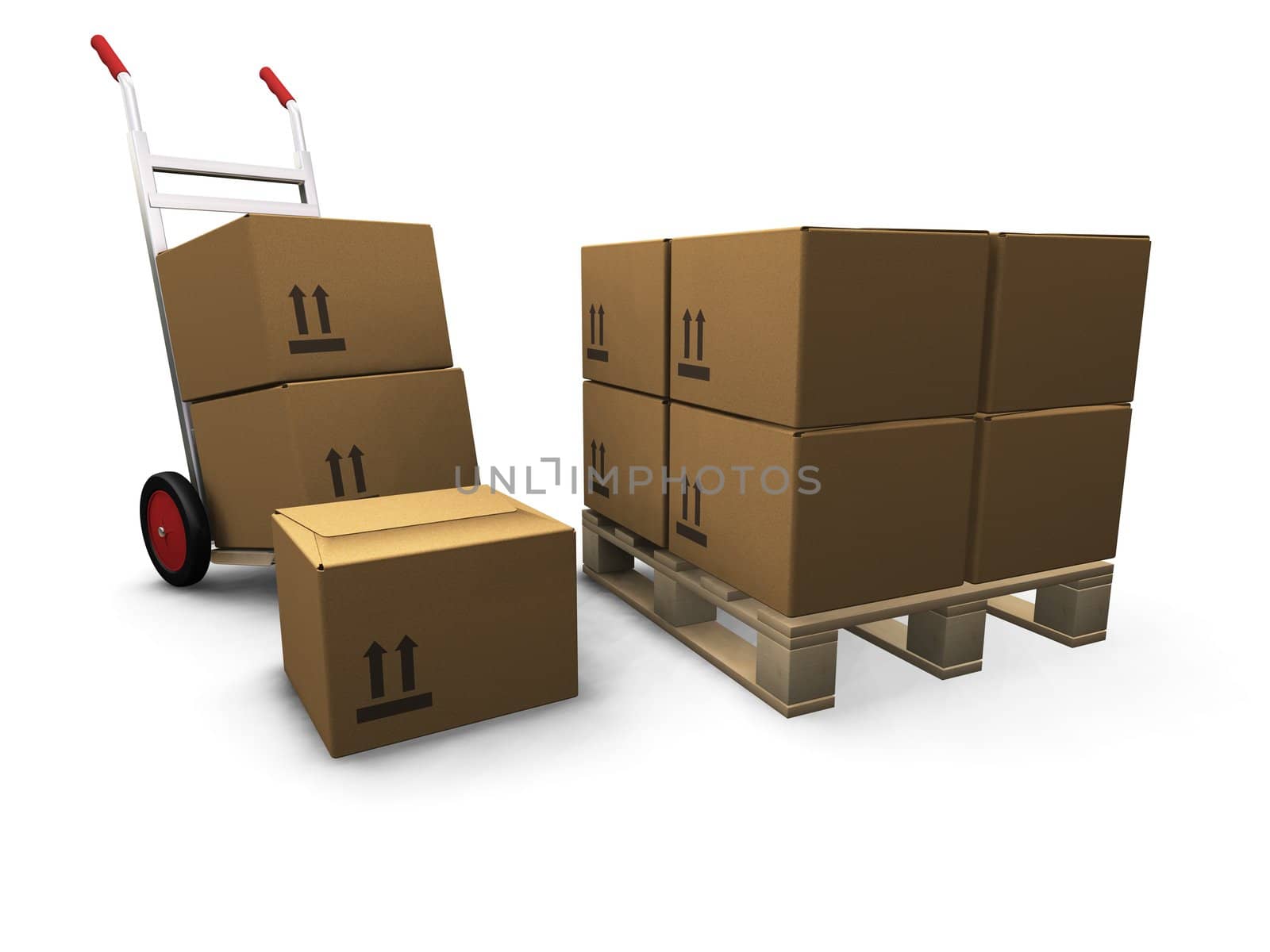 3D render of a hand truck and a stack of boxes