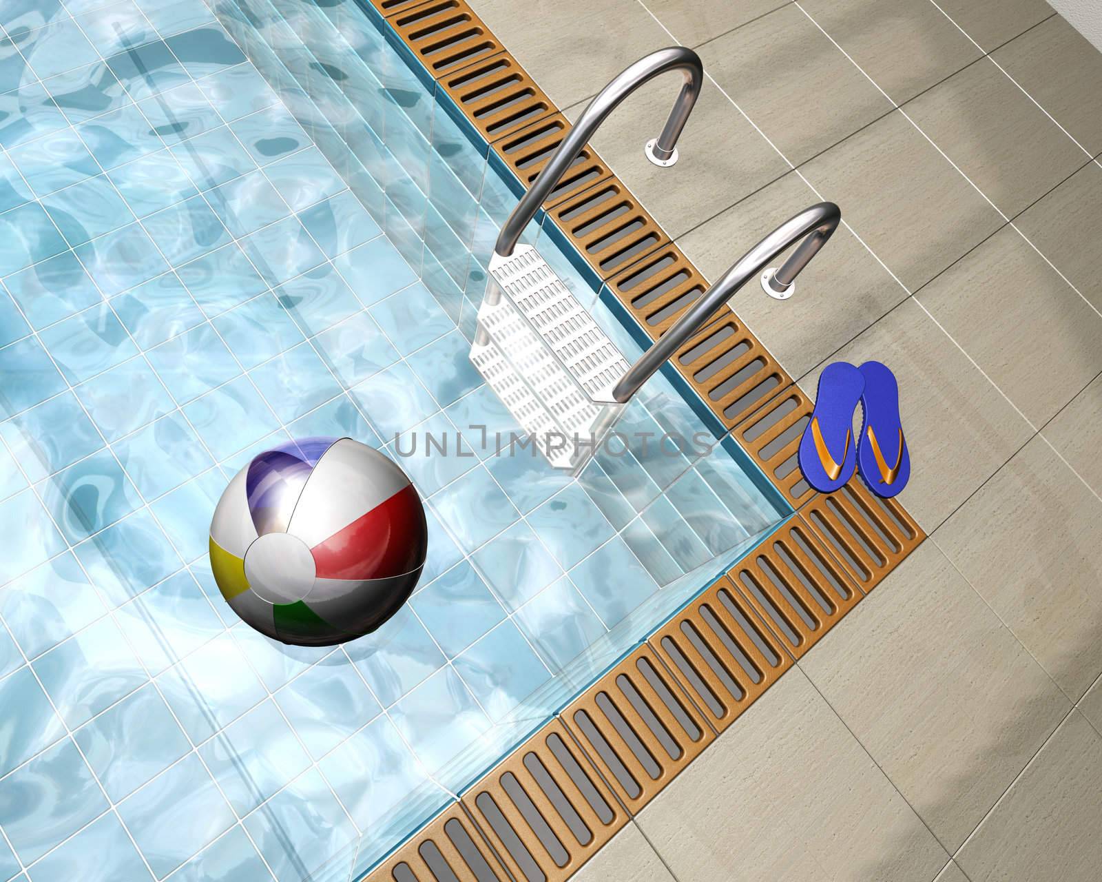 3D render of a beach ball on a swimming pool