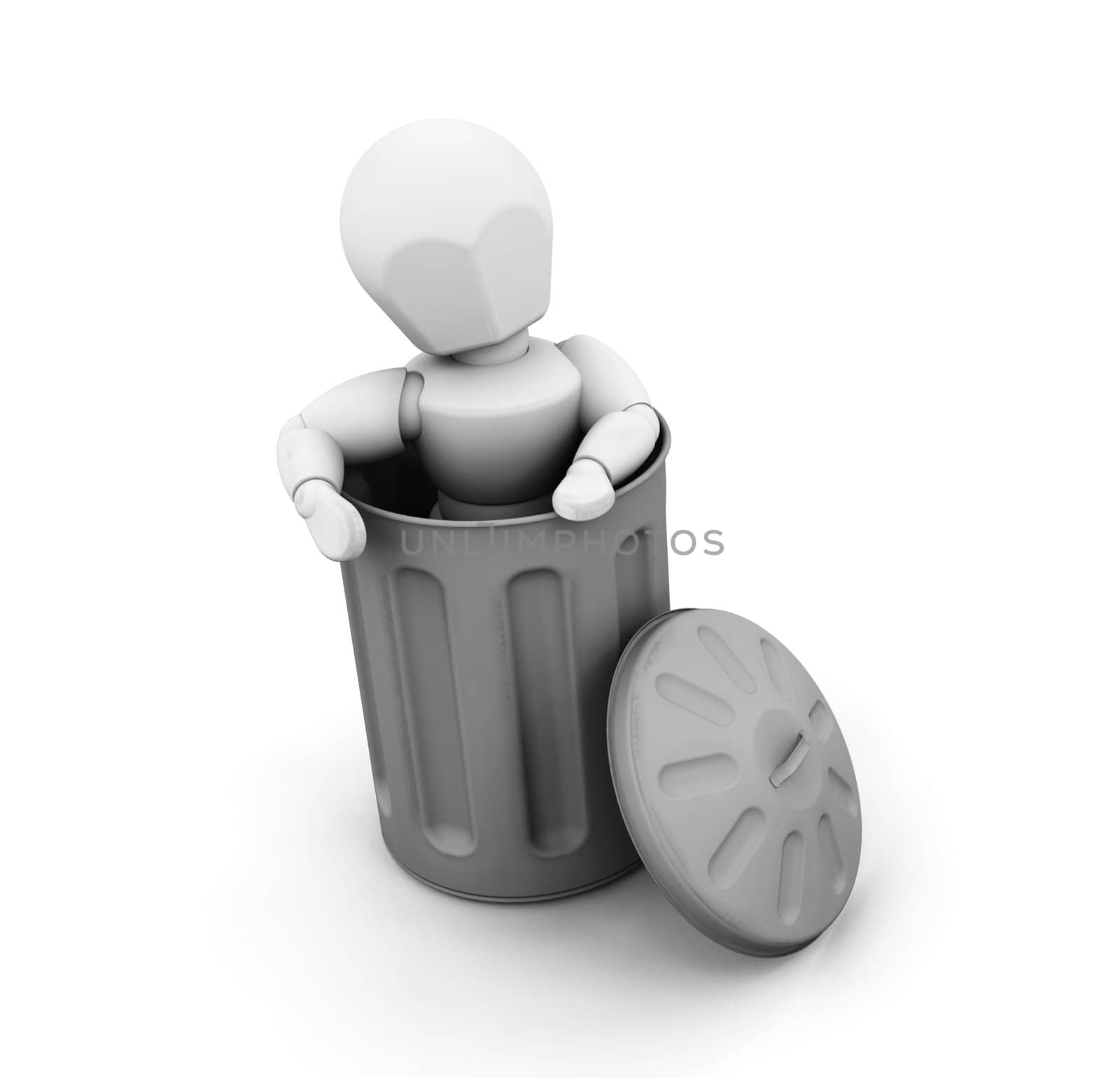 3D render of someone in a trash can