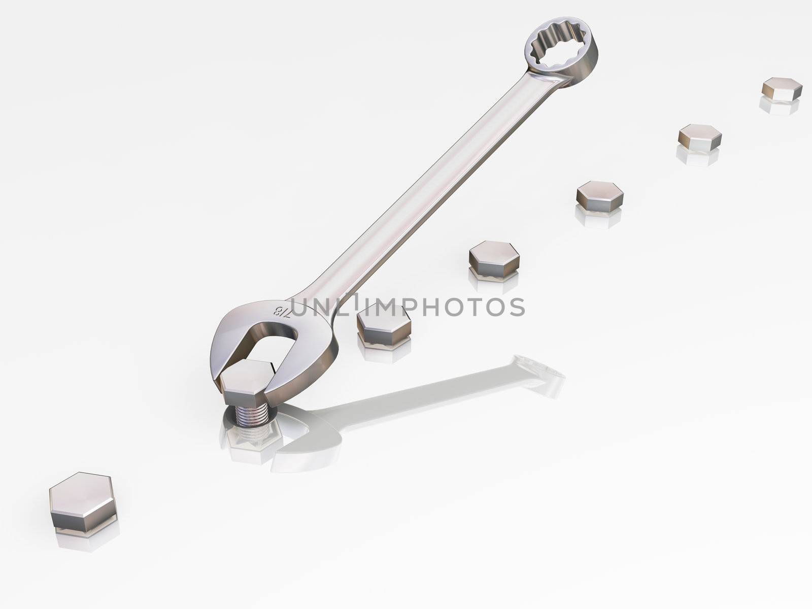 3D render of a spanner and nuts