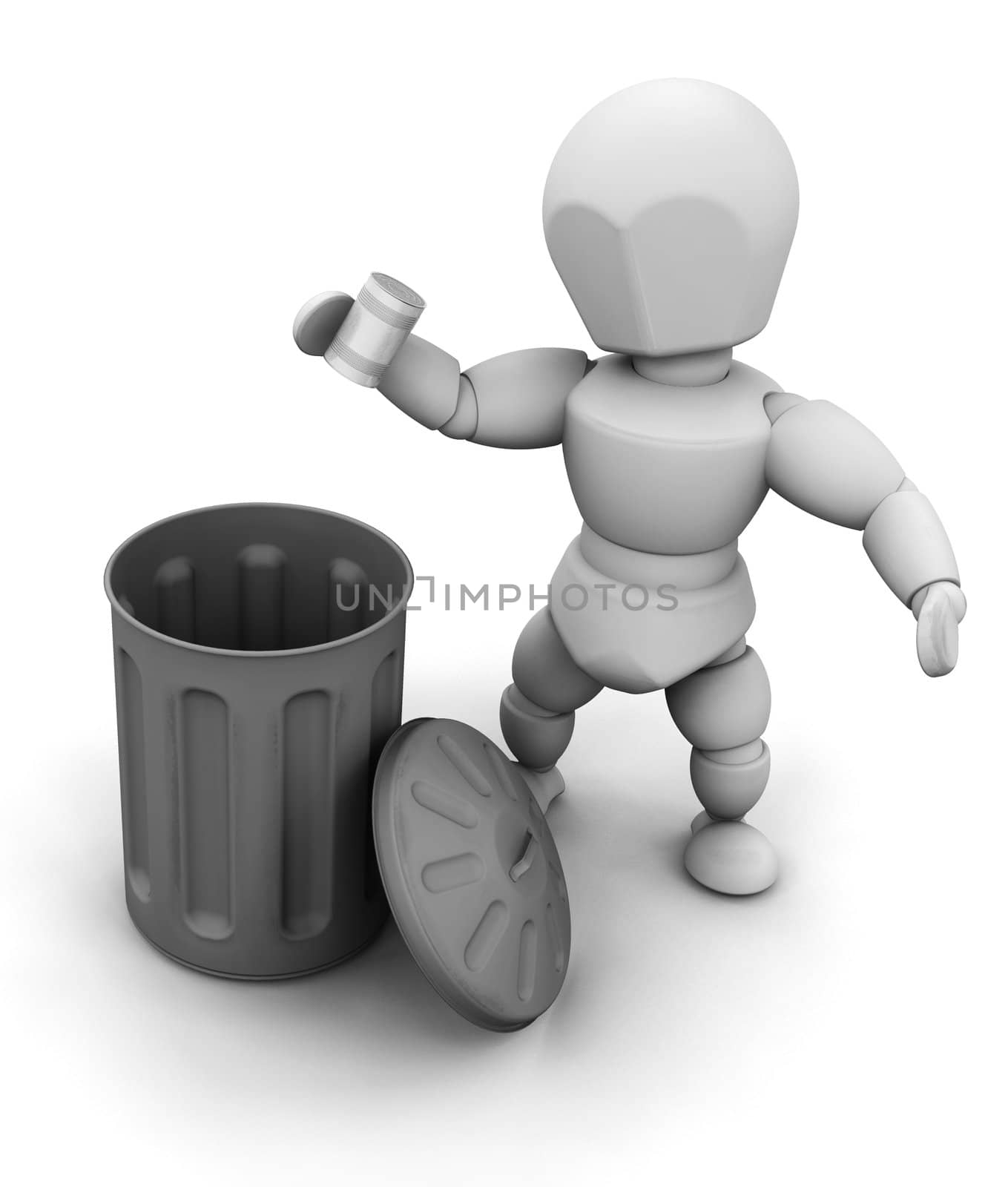 3D render of a person putting a tin can in a bin