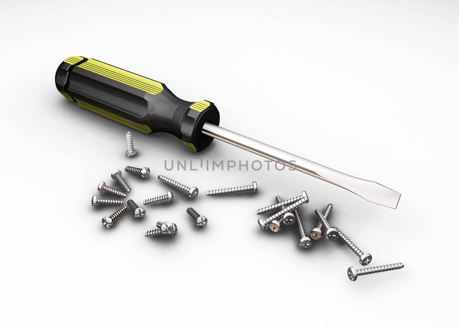 3D render of screwdriver and screws