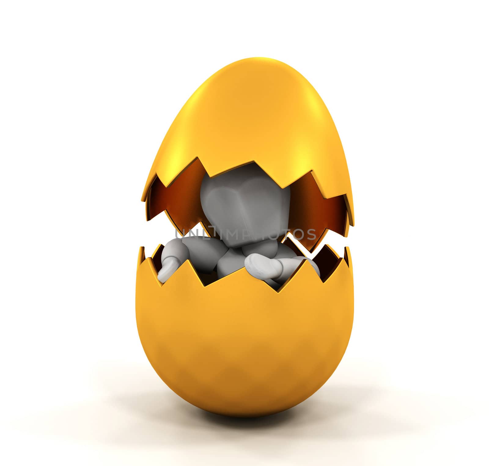 3D render of someone inside a golden Easter egg