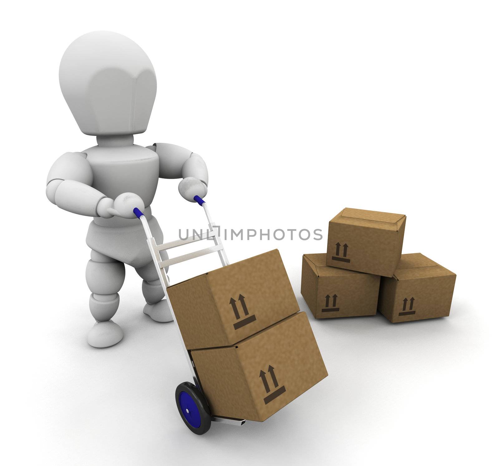 3D render of man moving boxes