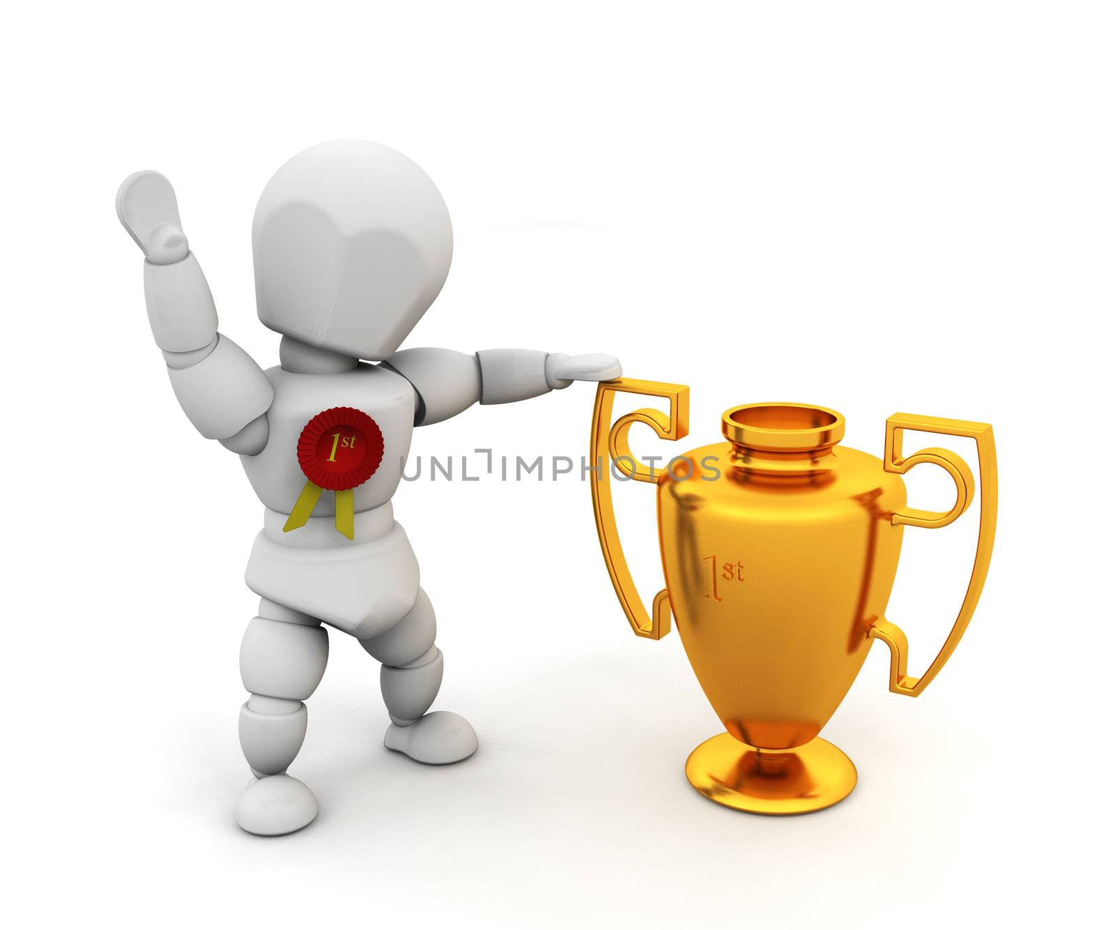 3D render of a person holding a first prize trophy