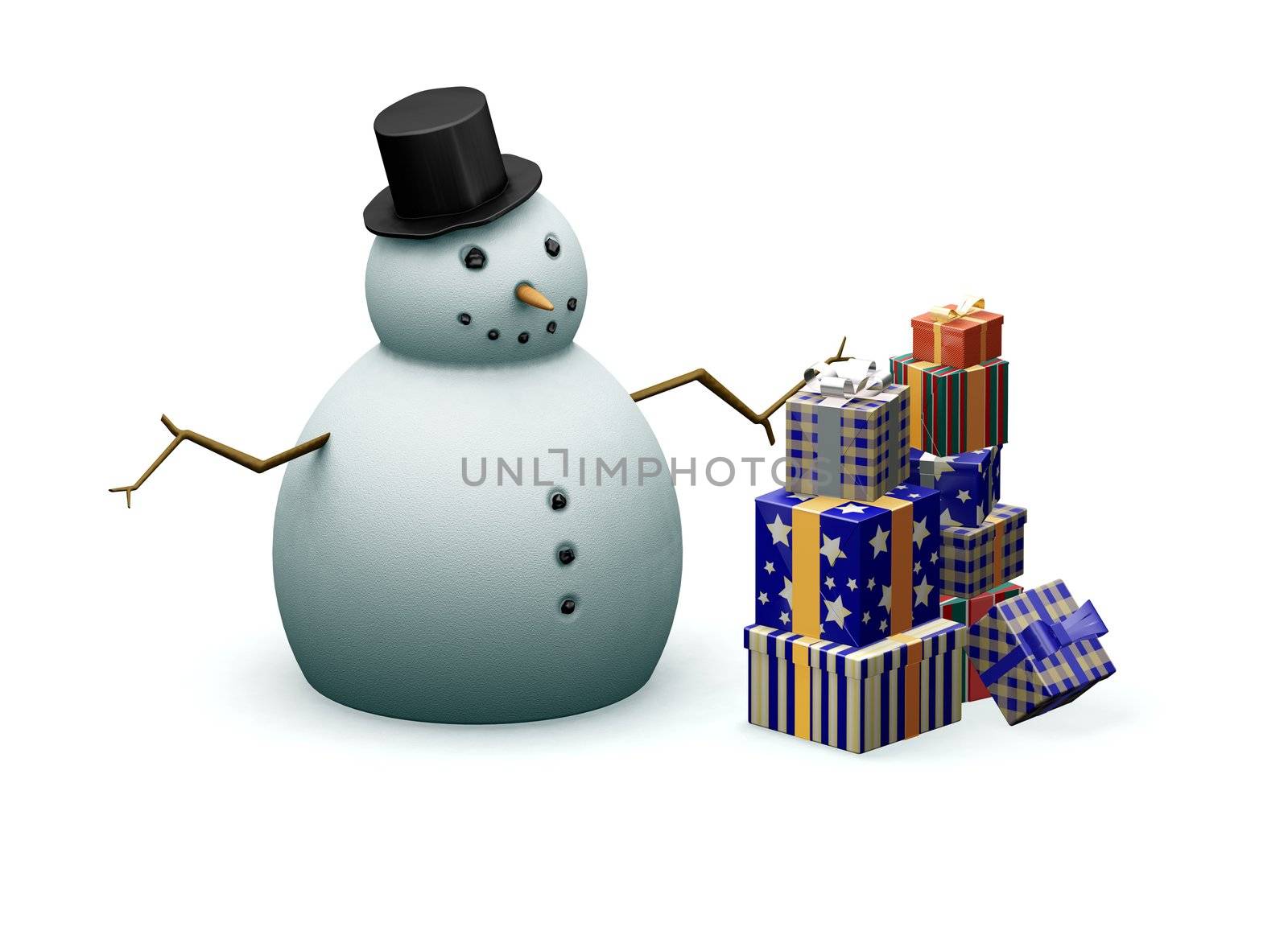 3D render of a snowman next to a stack of Christmas presents